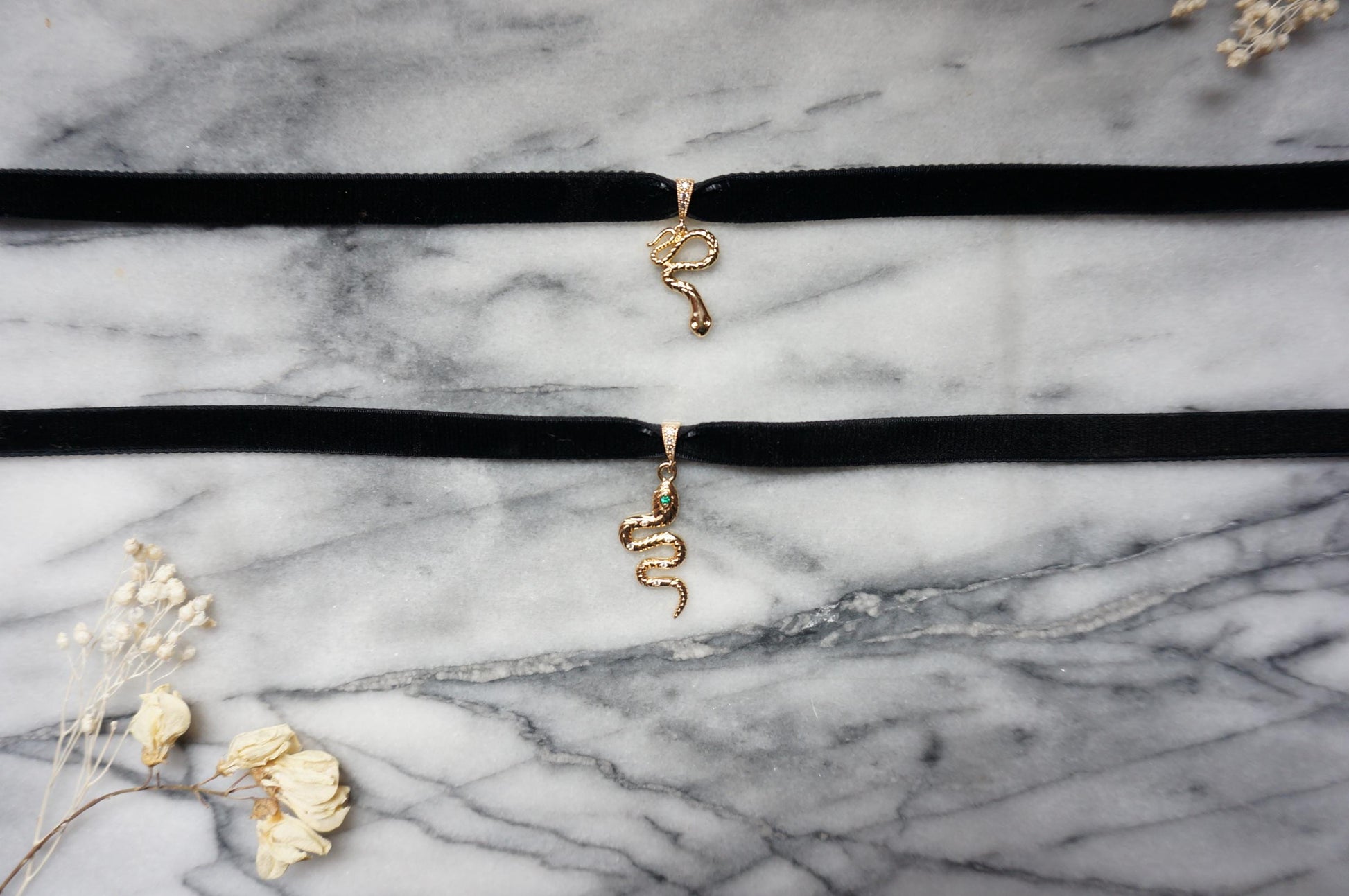 Gold Snake and Gem Black Stretch Velvet Choker