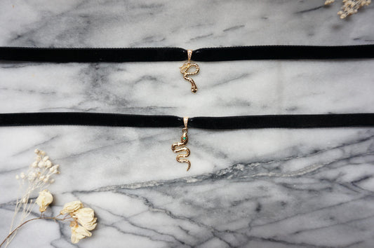Gold Snake and Gem Black Stretch Velvet Choker