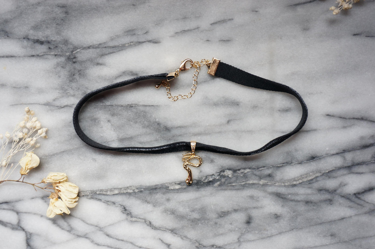 Gold Snake and Gem Black Stretch Velvet Choker