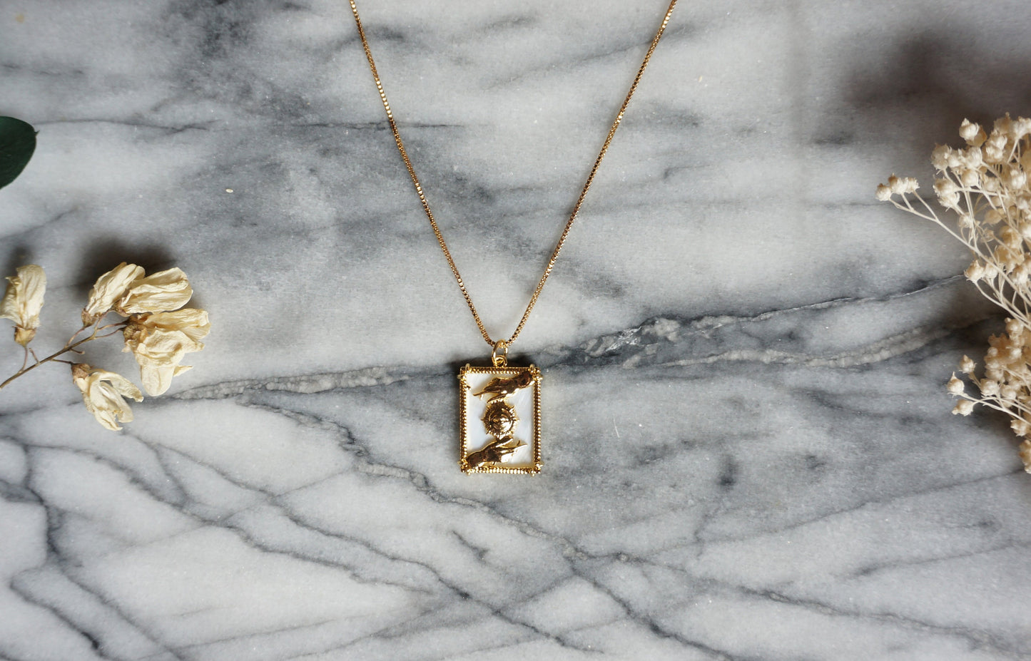 All seeing eye and Hands Frame necklace / Mother of Pearl Necklace