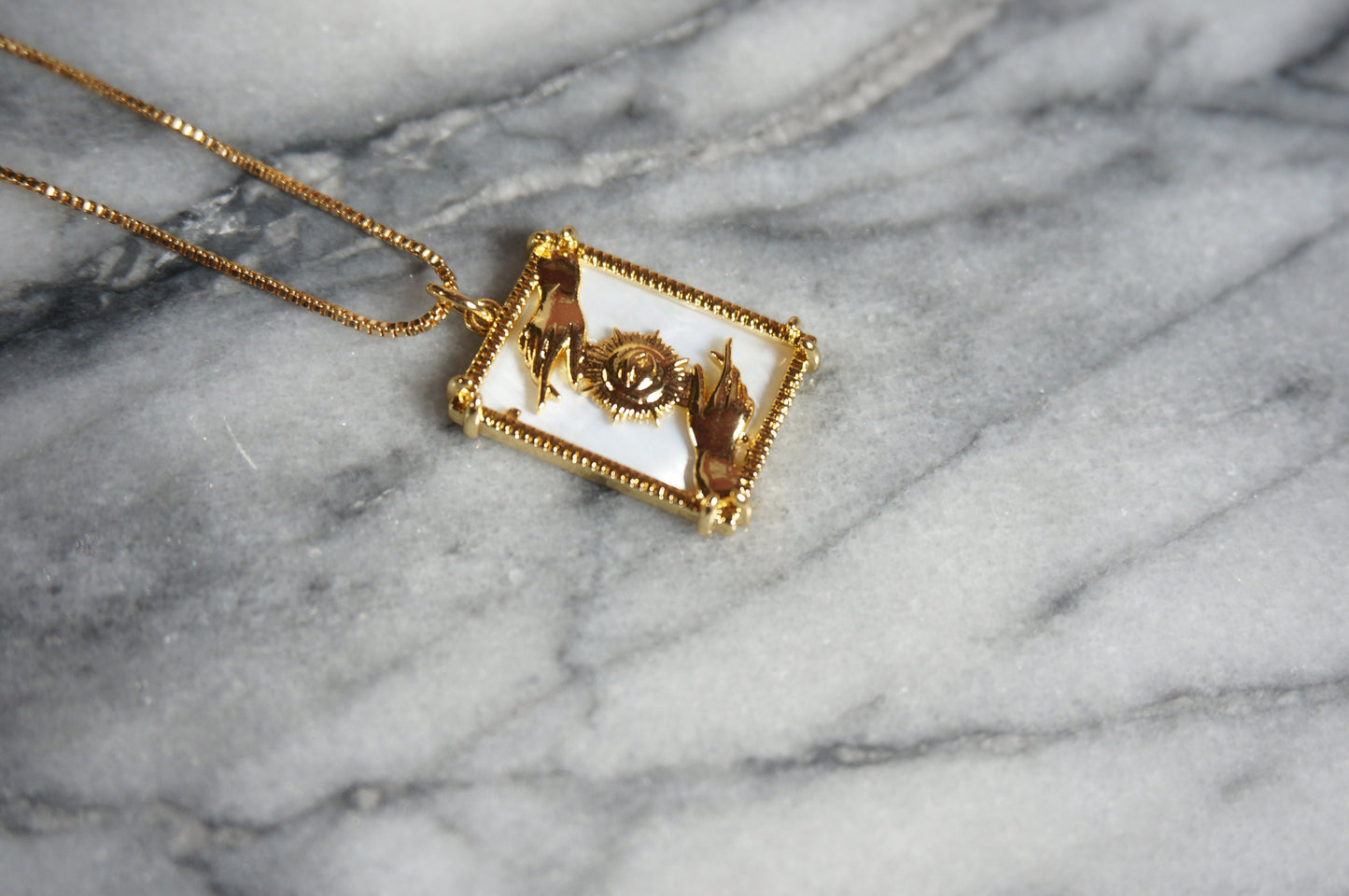 All seeing eye and Hands Frame necklace / Mother of Pearl Necklace