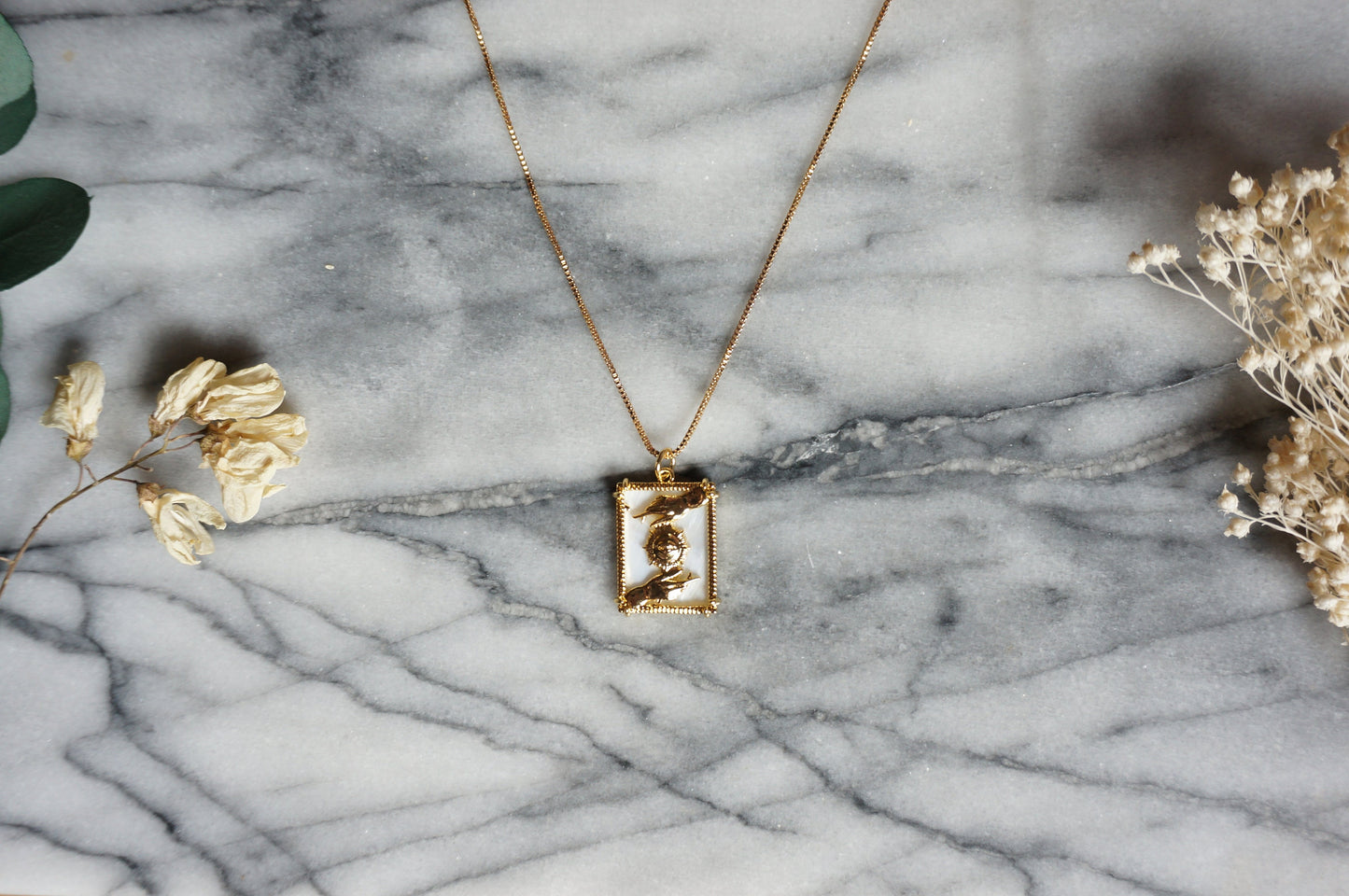 All seeing eye and Hands Frame necklace / Mother of Pearl Necklace