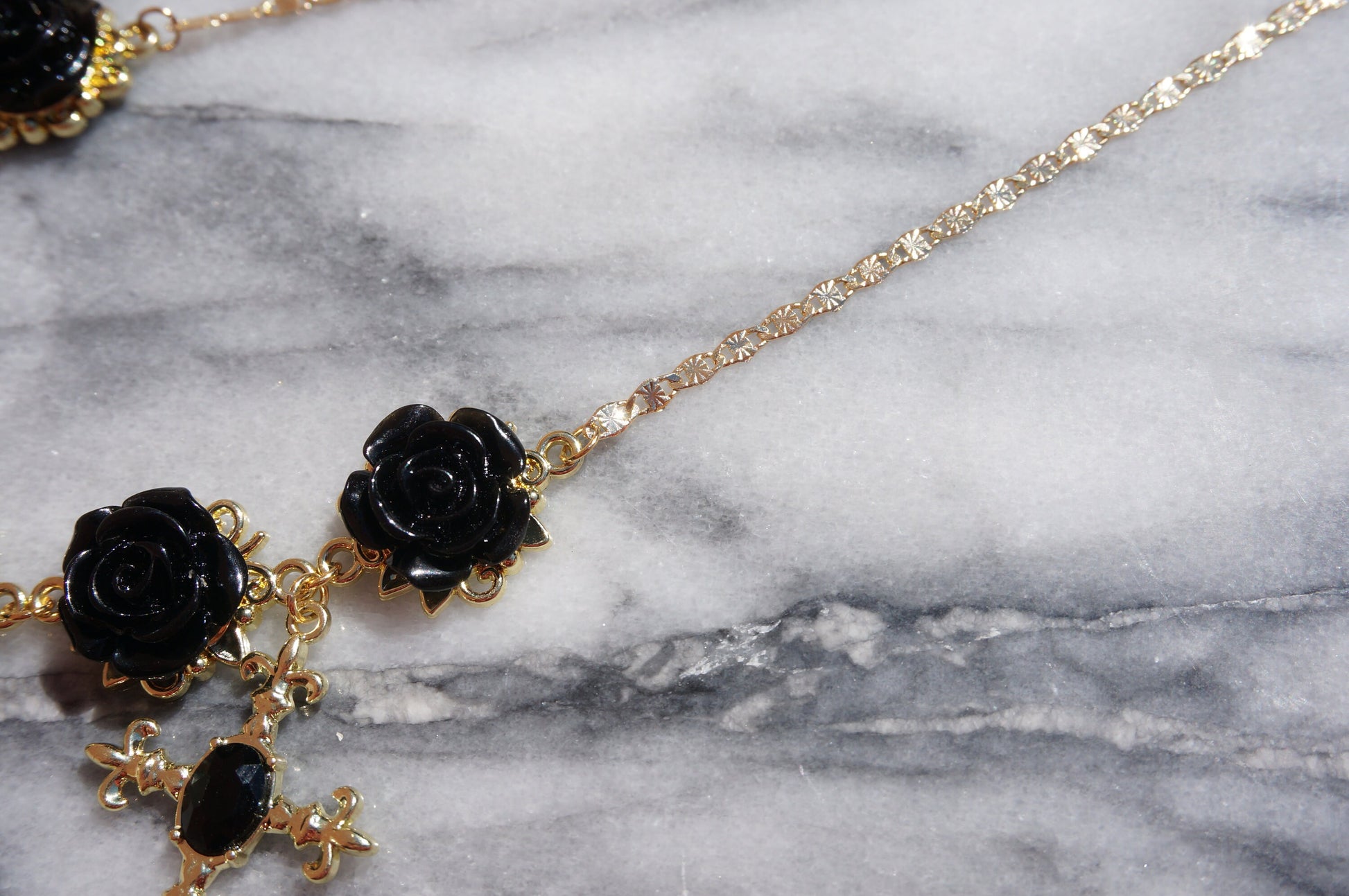 EVELYN Black Rose And Cross Gold Necklace