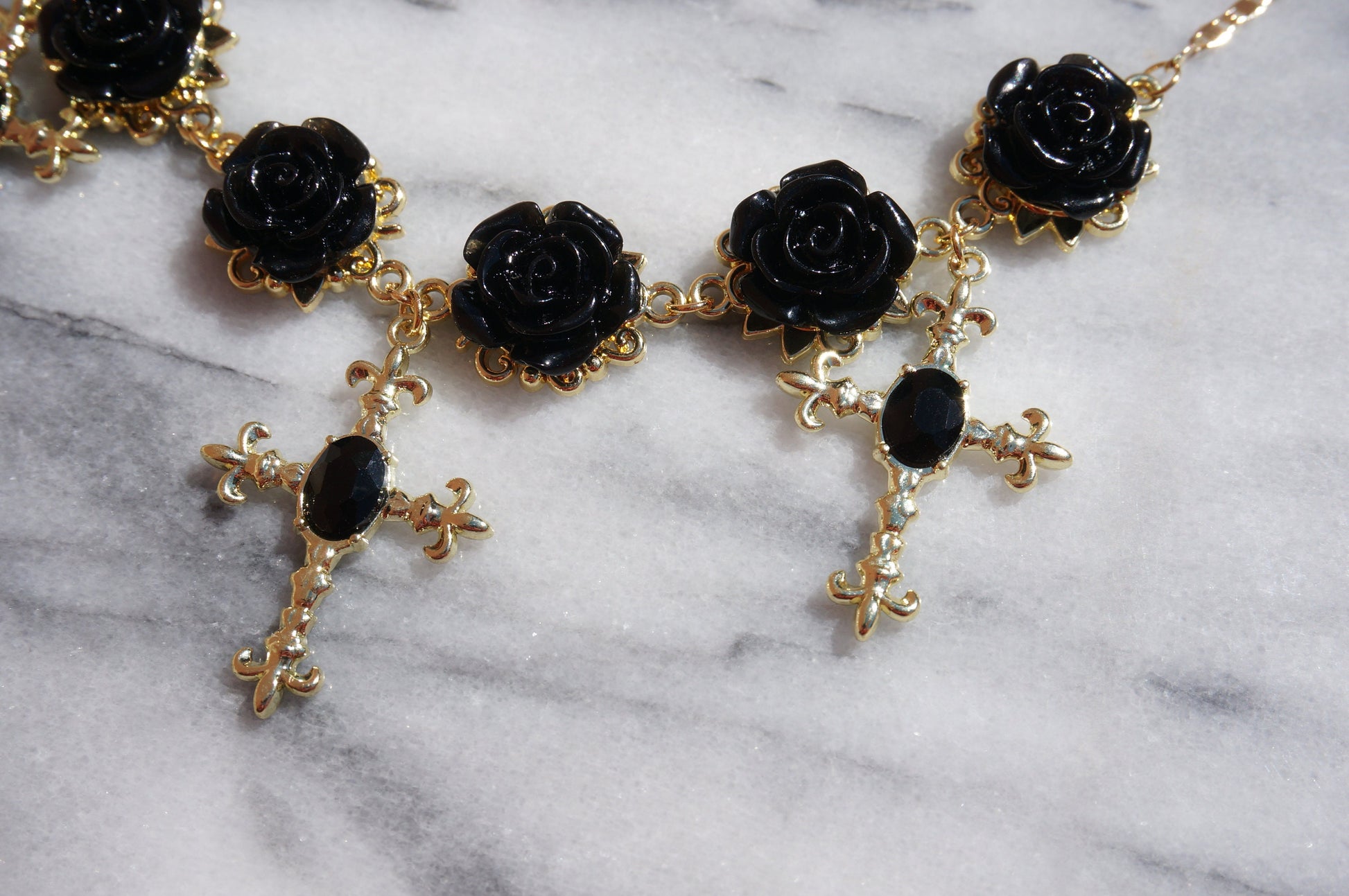 EVELYN Black Rose And Cross Gold Necklace