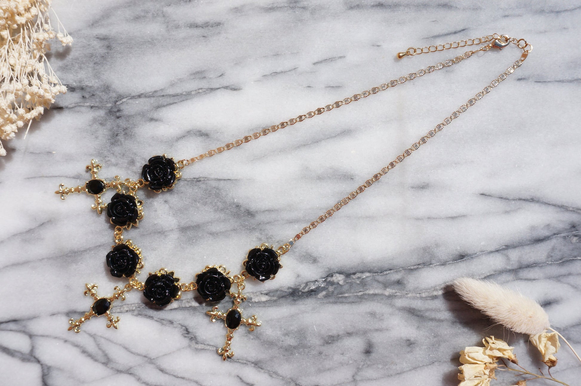 EVELYN Black Rose And Cross Gold Necklace