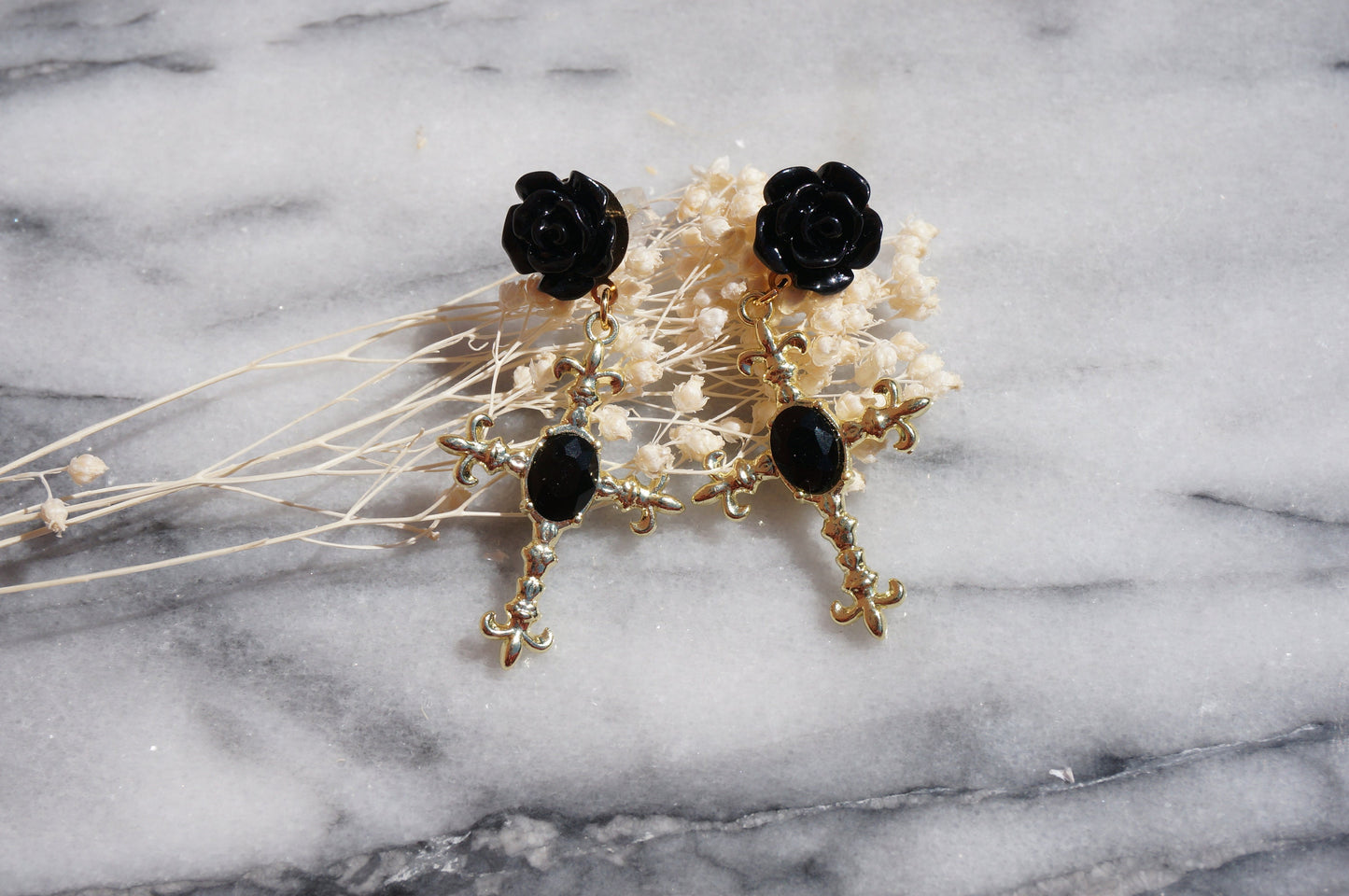 EVELYN Black Rose and Cross Earrings