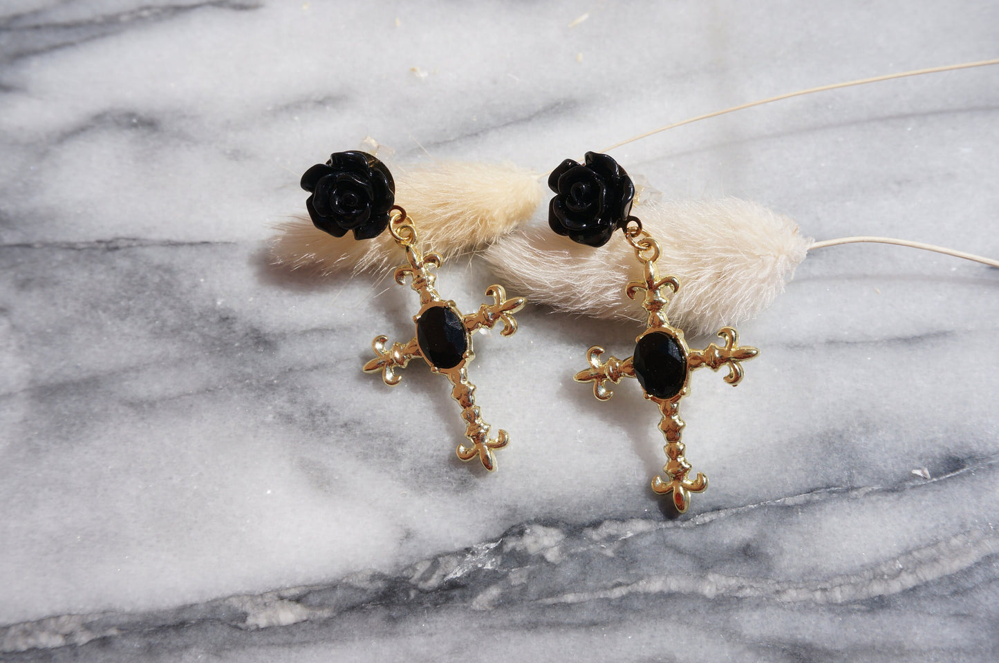 EVELYN Black Rose and Cross Earrings