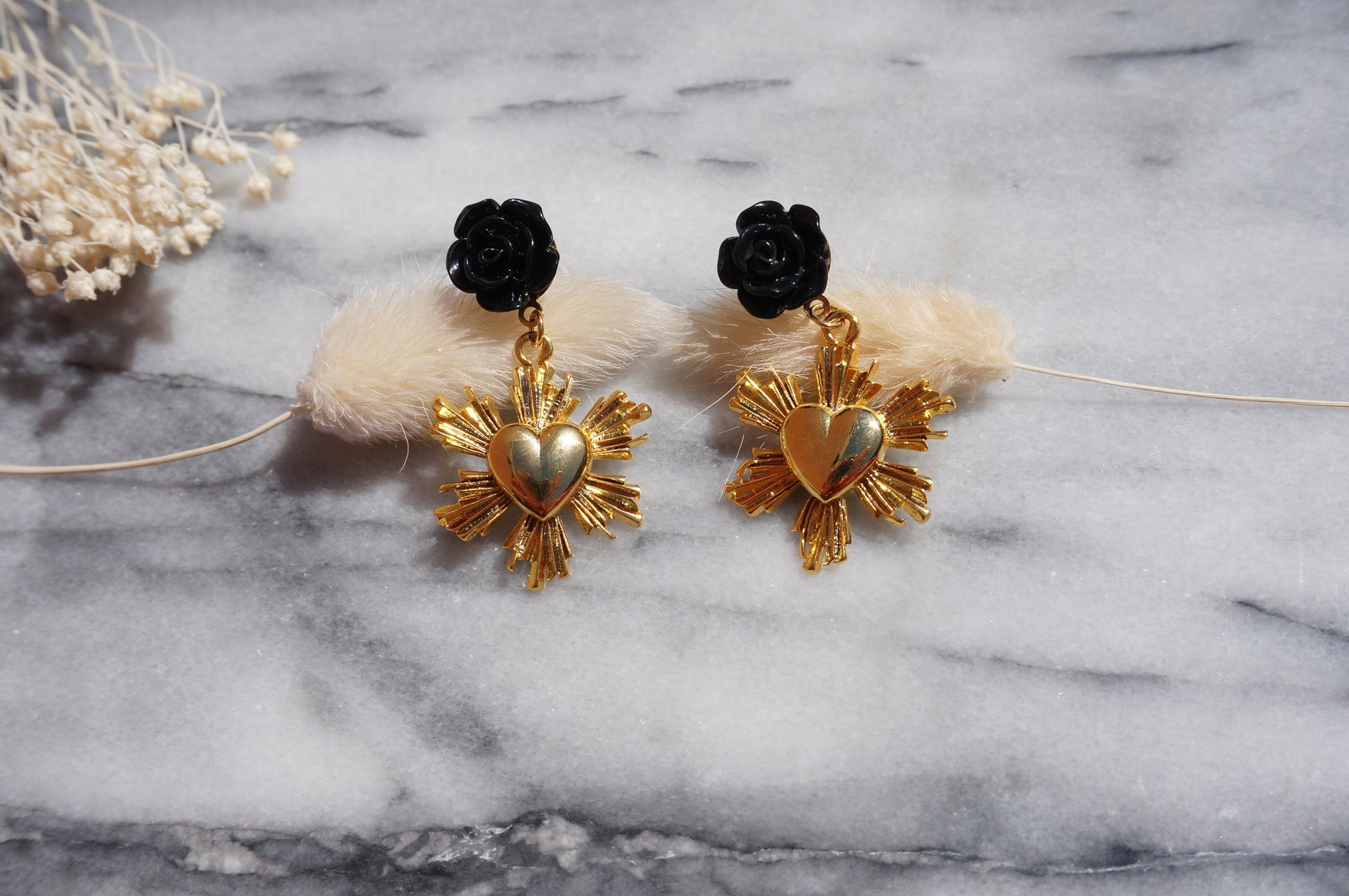 Radiant heart and Black Rose Stud Earrings