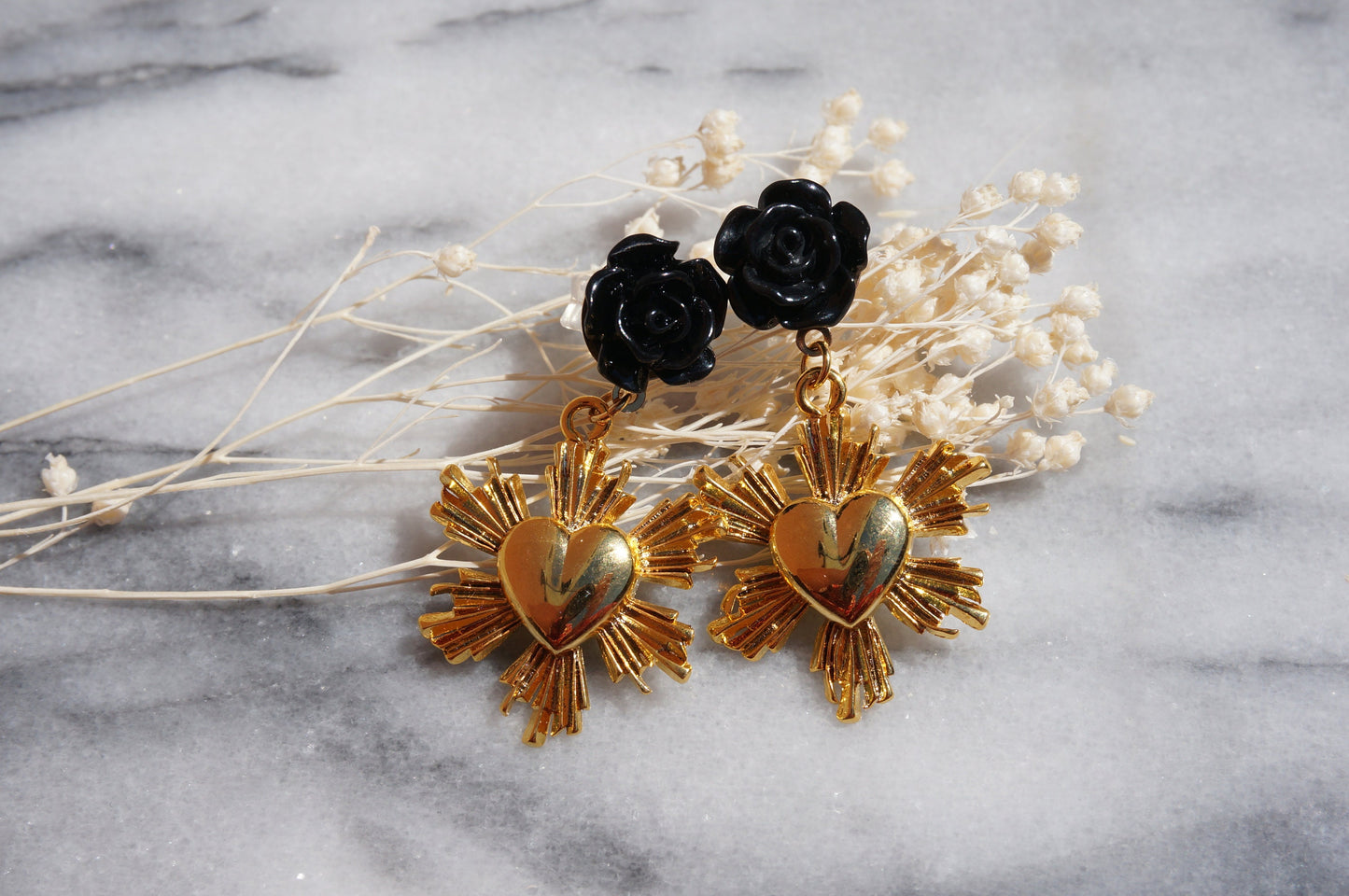Radiant heart and Black Rose Stud Earrings