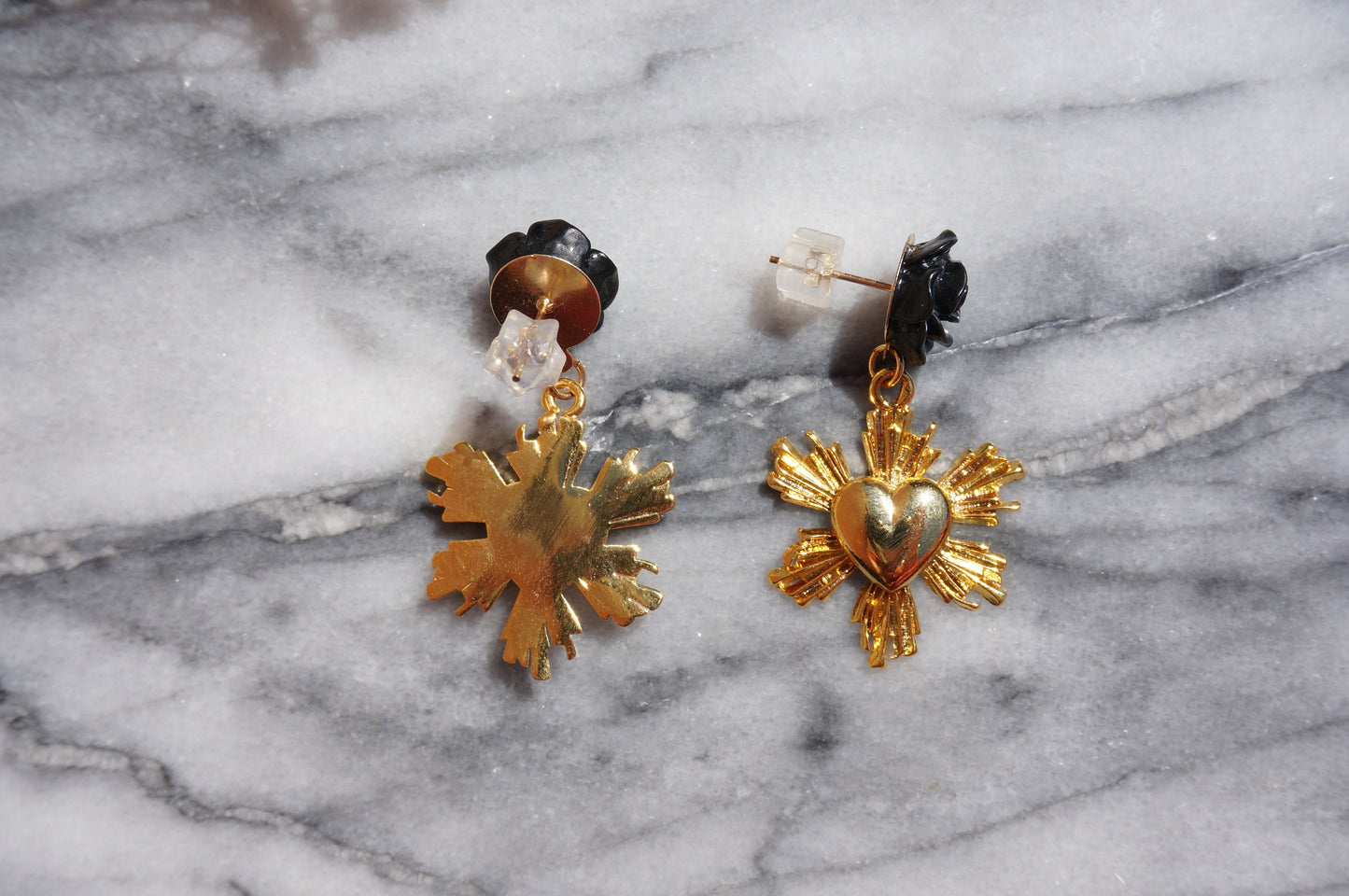 Radiant heart and Black Rose Stud Earrings