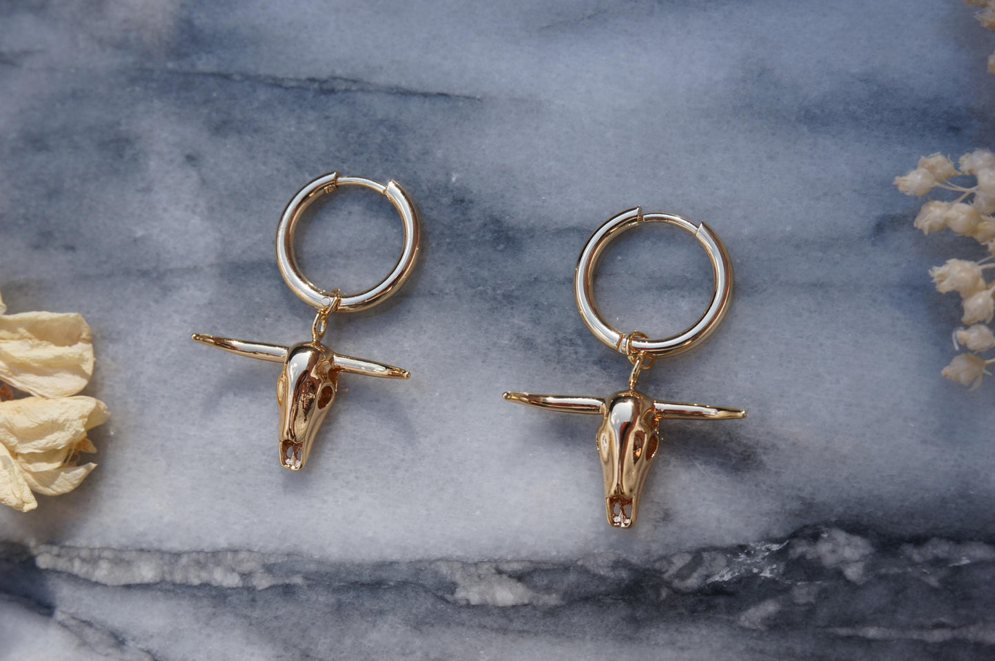 Gold Bull Skull Hoop Earrings
