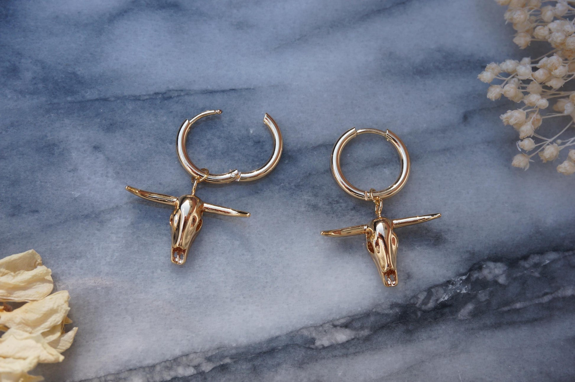 Gold Bull Skull Hoop Earrings