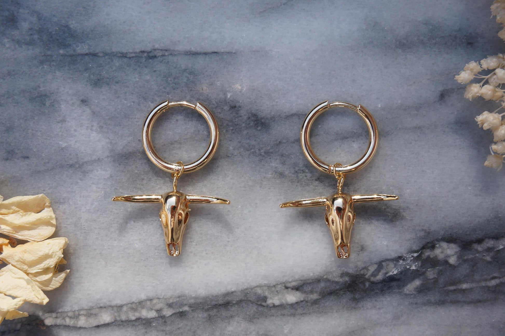 Gold Bull Skull Hoop Earrings