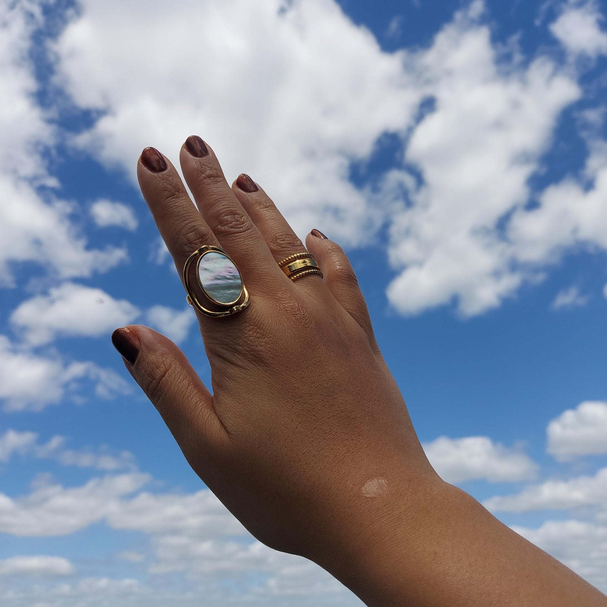Mother of Pearl and Pink Stone 2-Way Spinning Adjustable Gold Ring