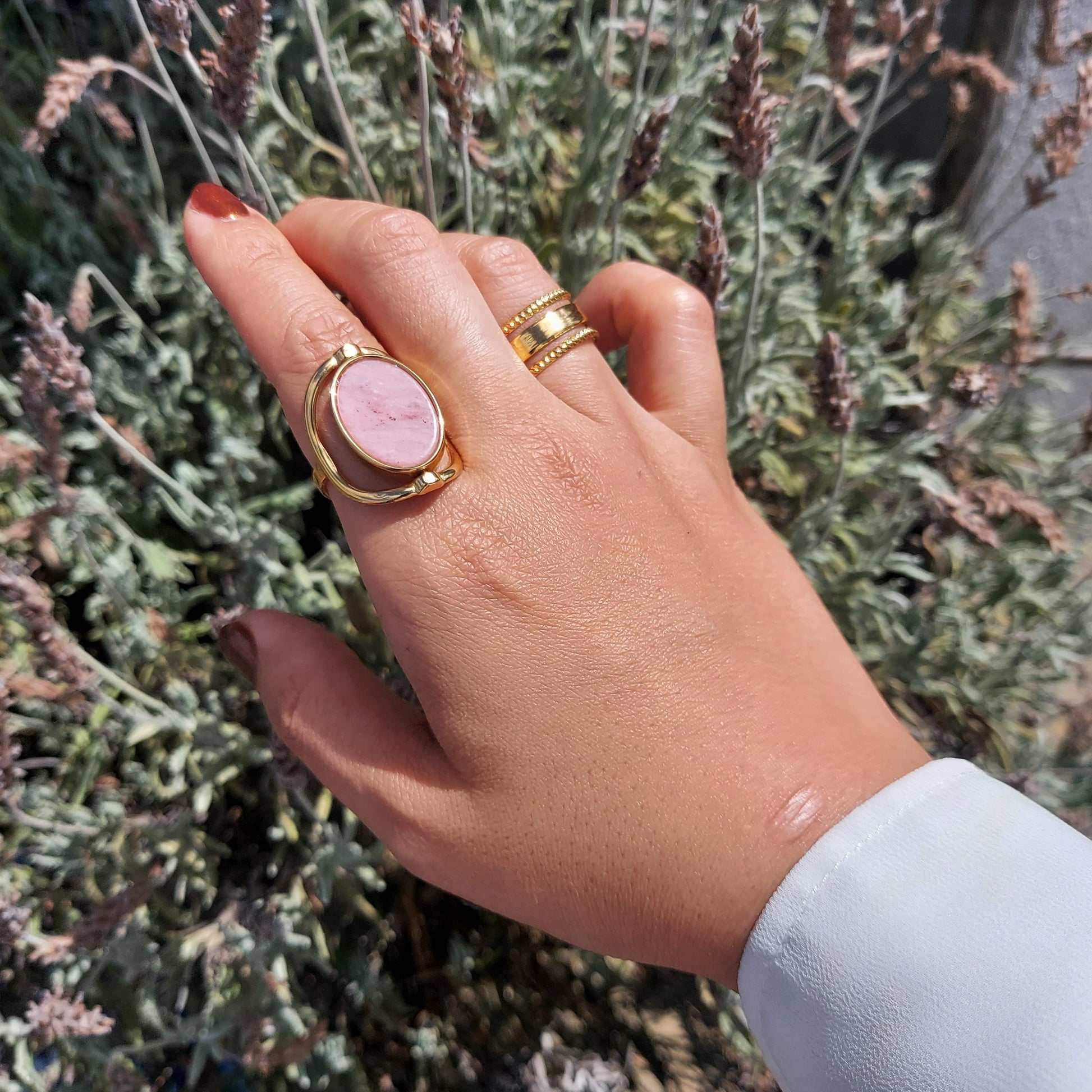 Mother of Pearl and Pink Stone 2-Way Spinning Adjustable Gold Ring