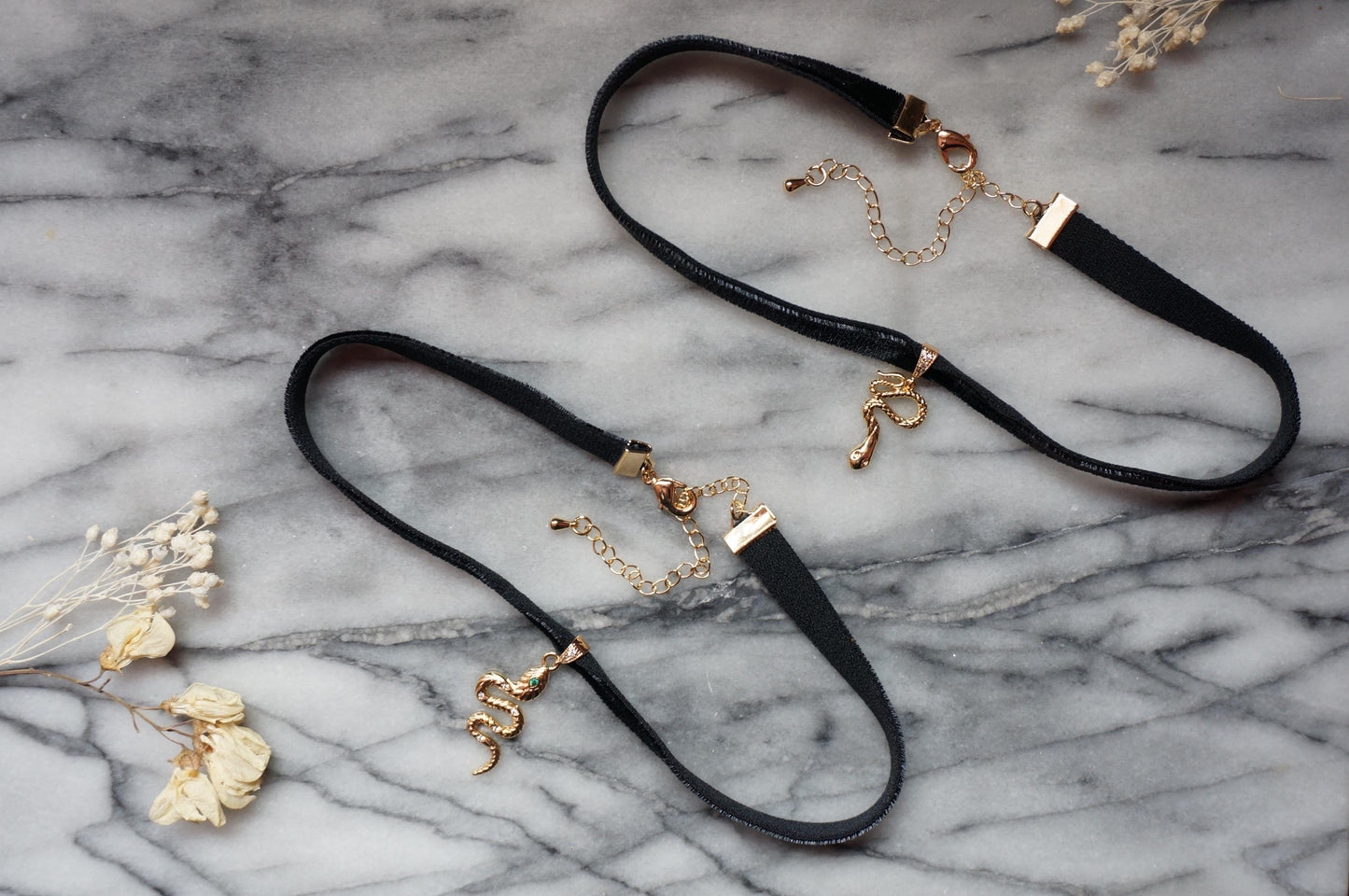 Gold Snake and Gem Black Stretch Velvet Choker