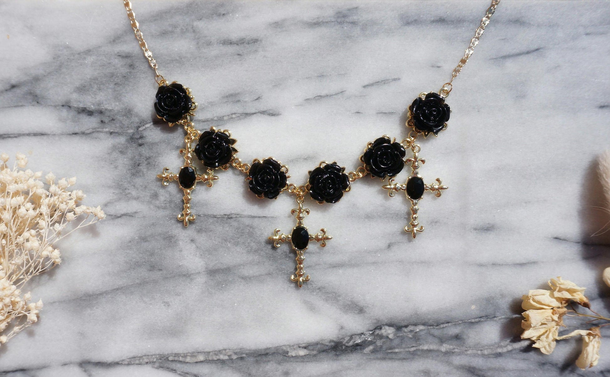 EVELYN Black Rose And Cross Gold Necklace