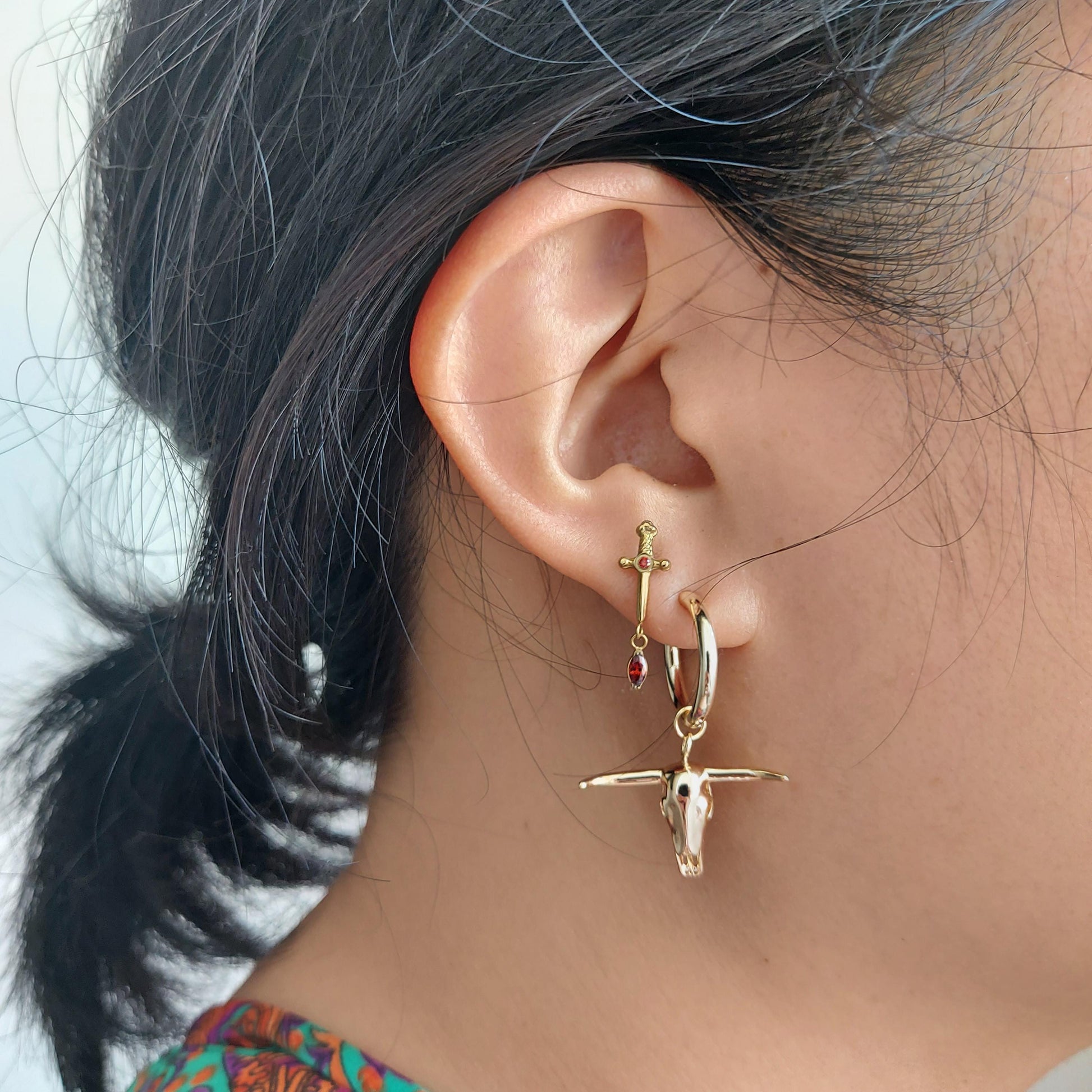Gold Bull Skull Hoop Earrings