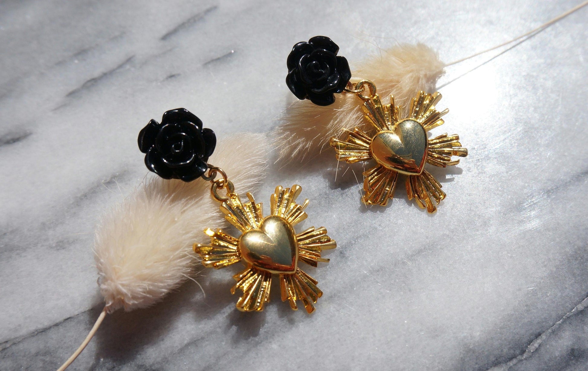 Radiant heart and Black Rose Stud Earrings