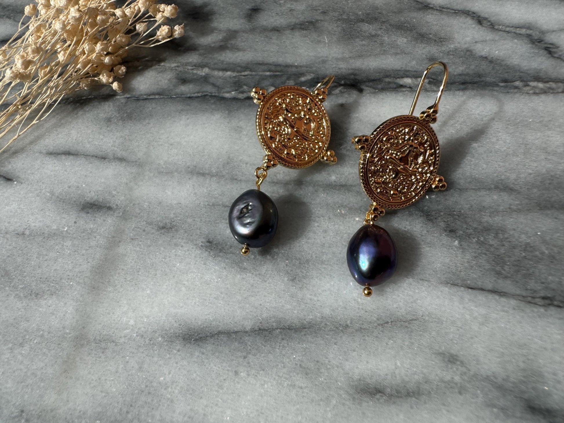 El Dorado Antique Gold Coin and Baroque White / Black Pearl Earrings / Boho Pearl Earrings
