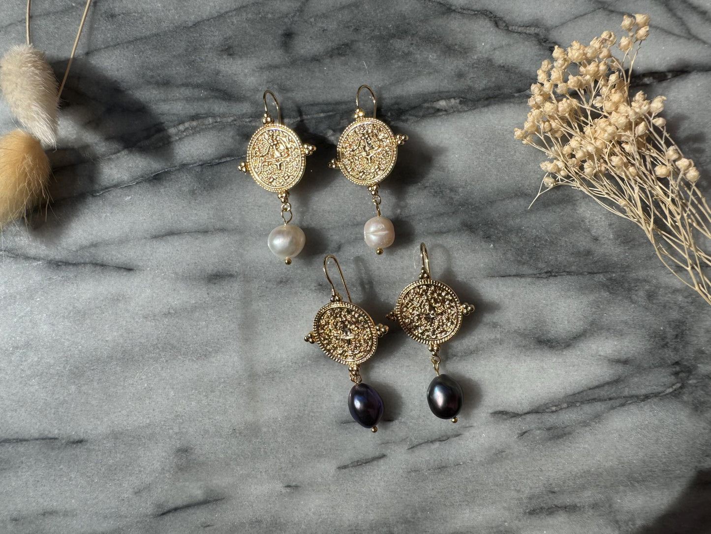 El Dorado Antique Gold Coin and Baroque White / Black Pearl Earrings / Boho Pearl Earrings