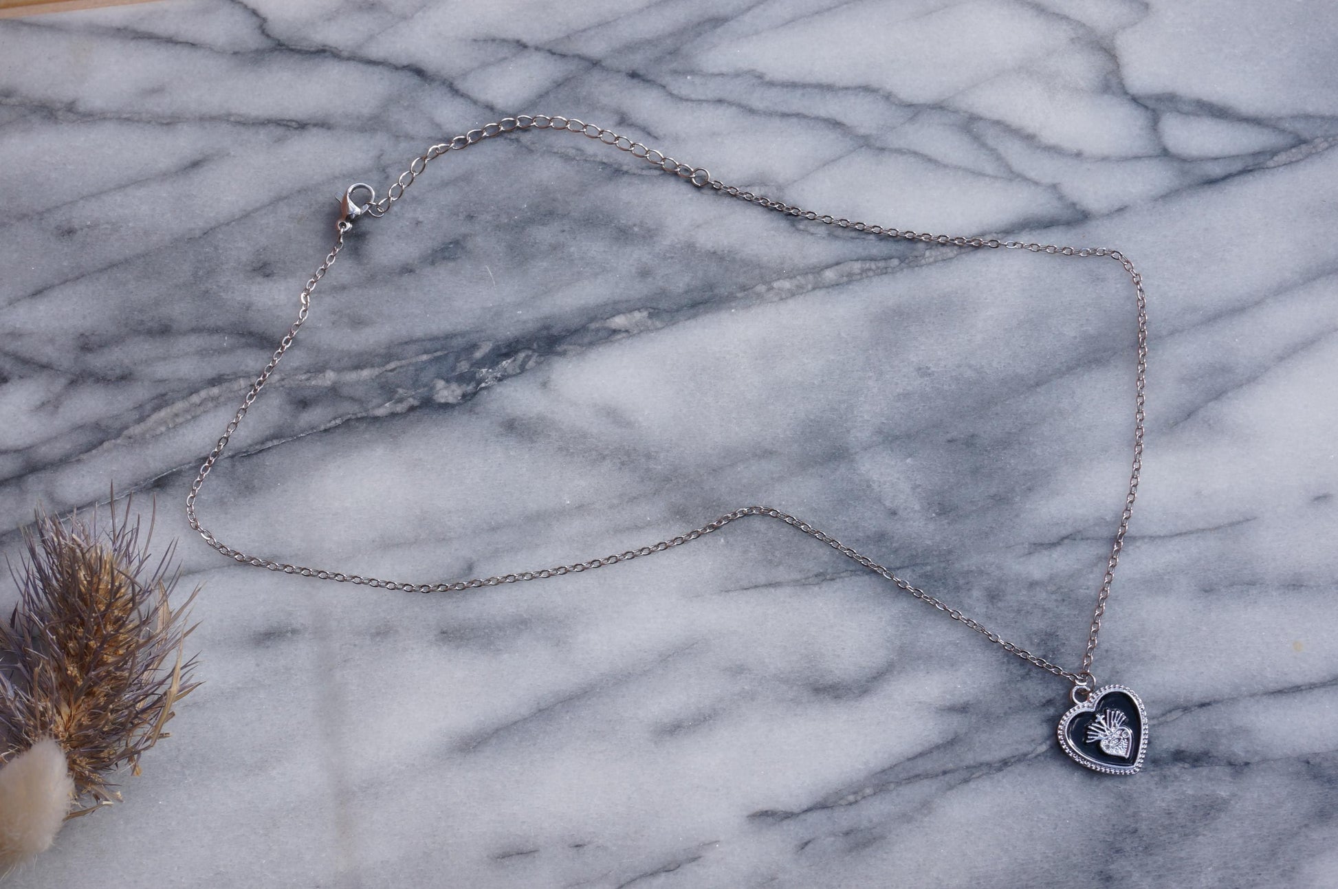 Sacred Heart Black Enamel Necklace in Gold / Silver