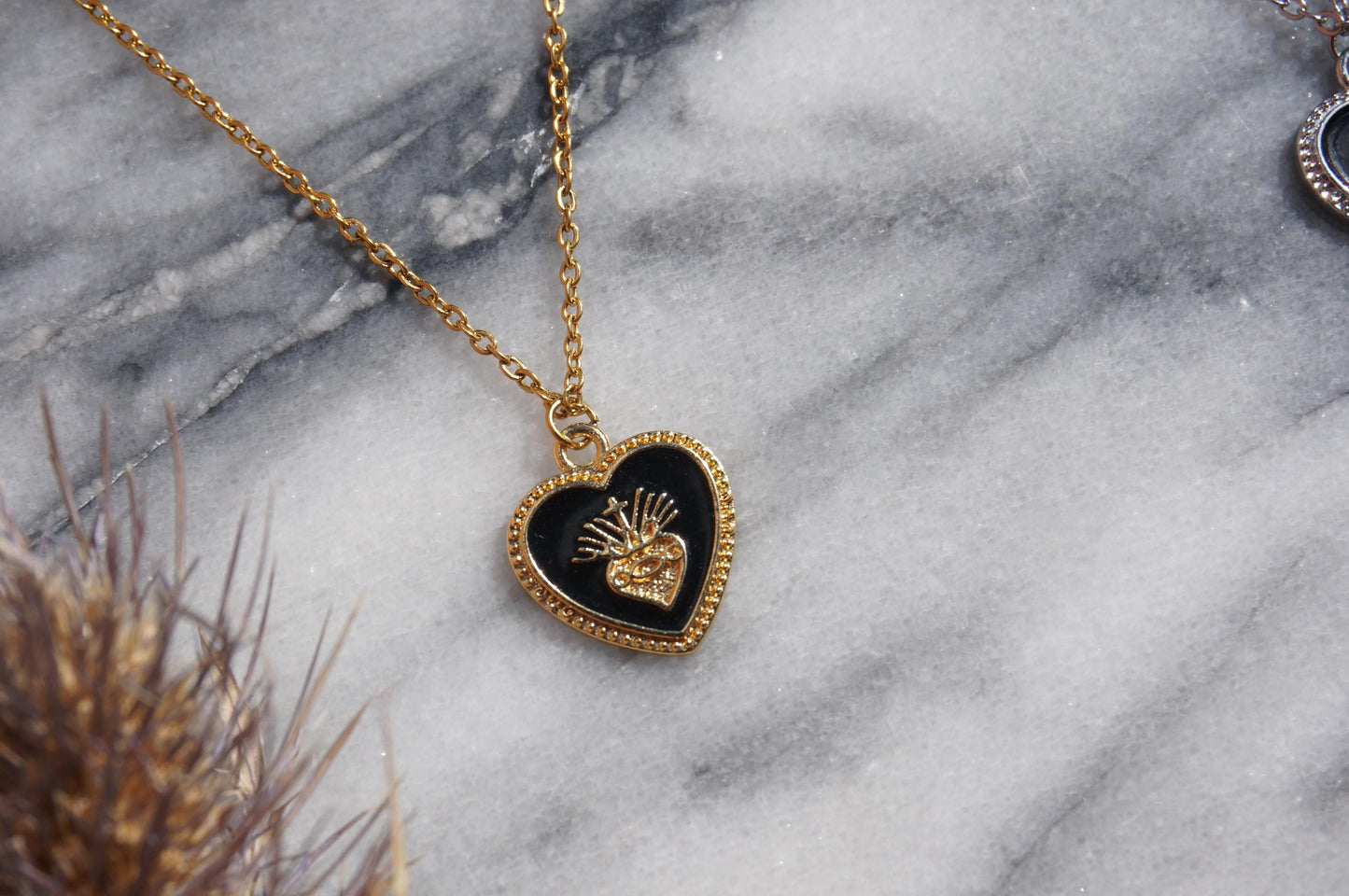 Sacred Heart Black Enamel Necklace in Gold / Silver