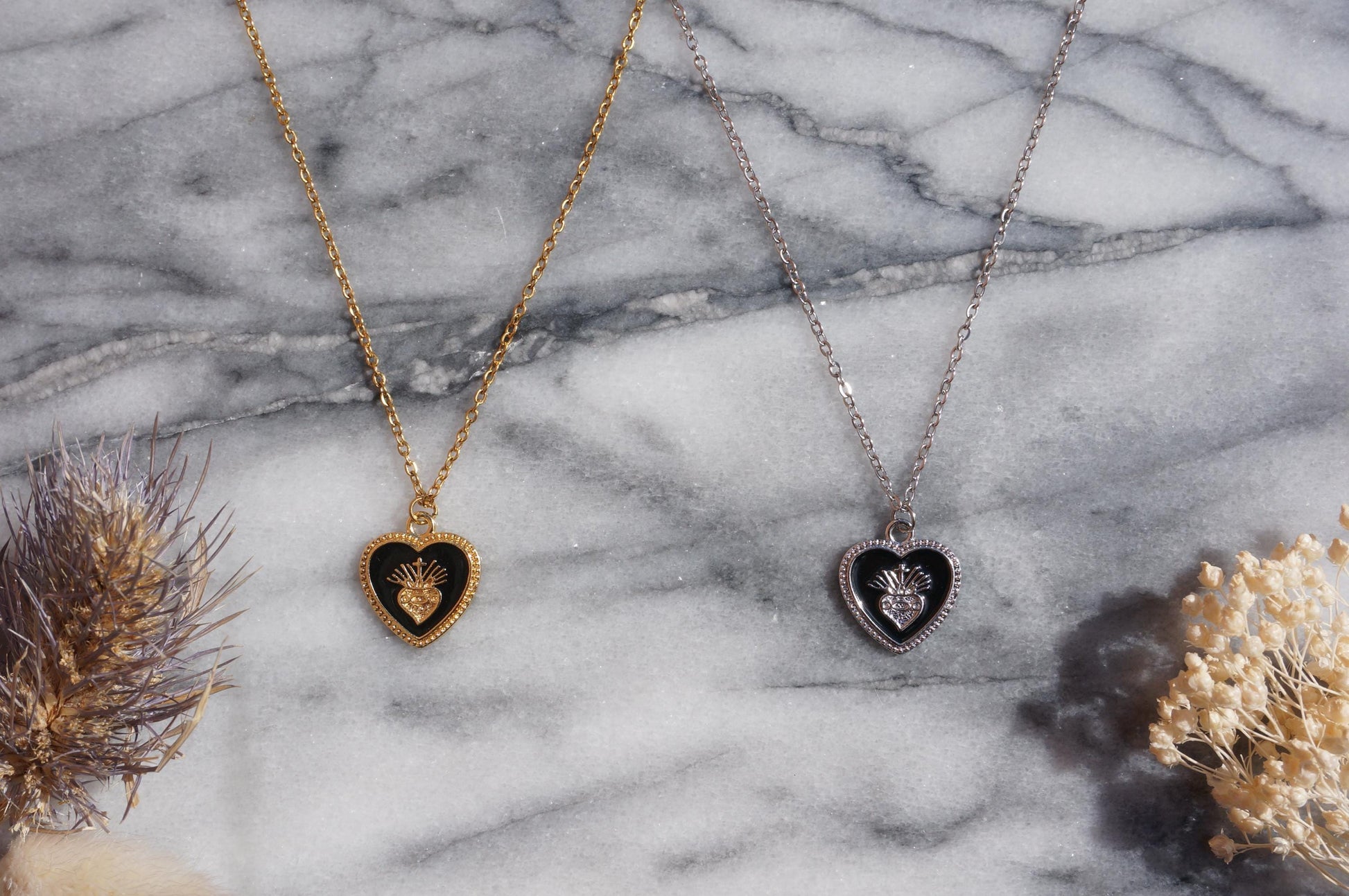 Sacred Heart Black Enamel Necklace in Gold / Silver