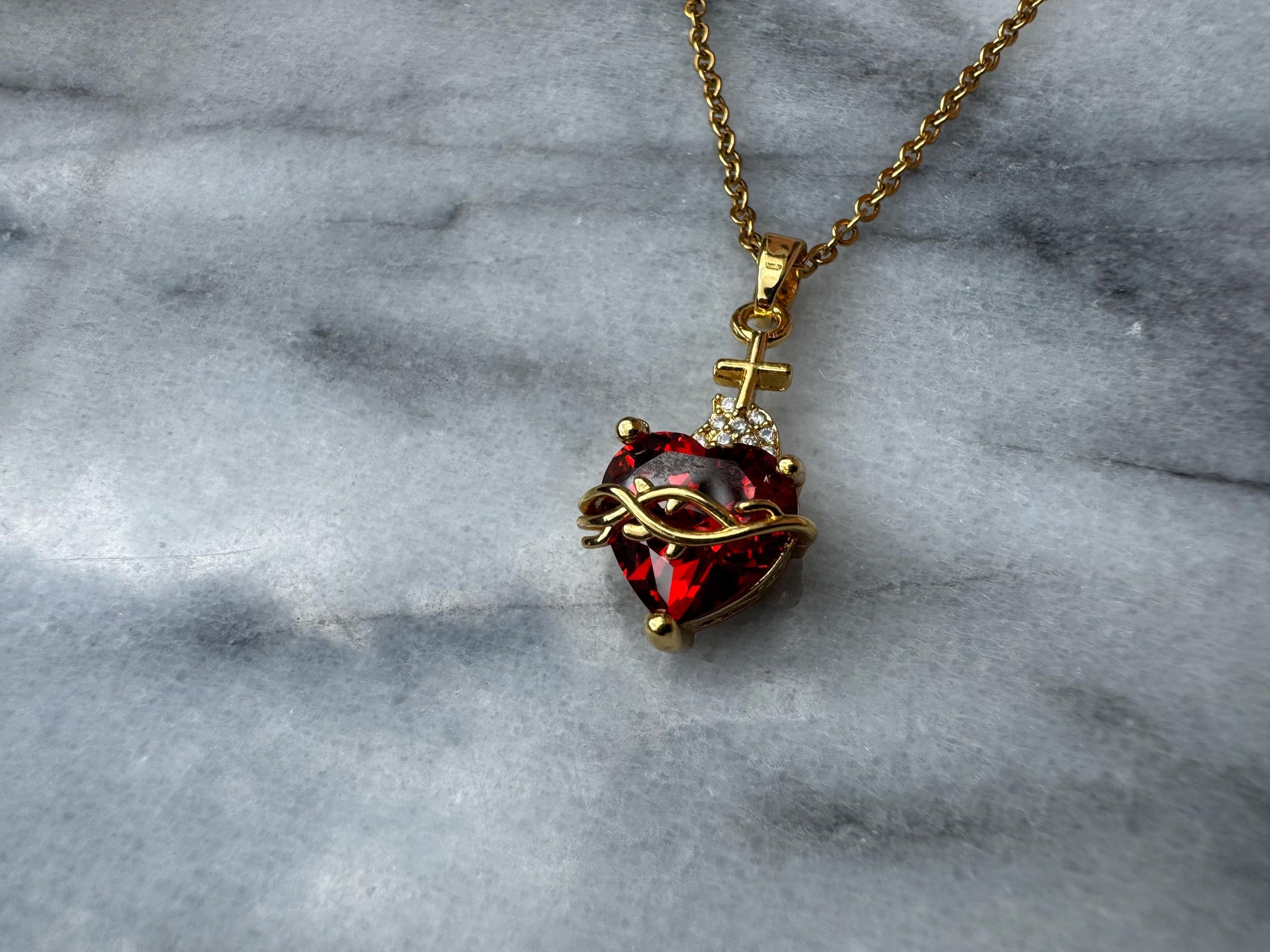 Ruby Red Sacred Heart Necklace in Gold