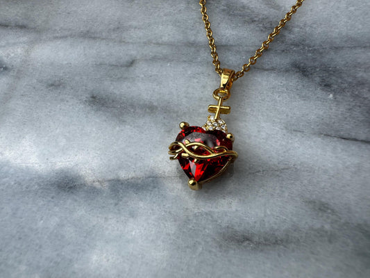 Ruby Red Sacred Heart Necklace in Gold
