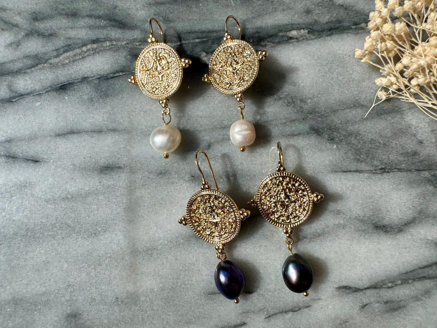 El Dorado Antique Gold Coin and Baroque White / Black Pearl Earrings / Boho Pearl Earrings