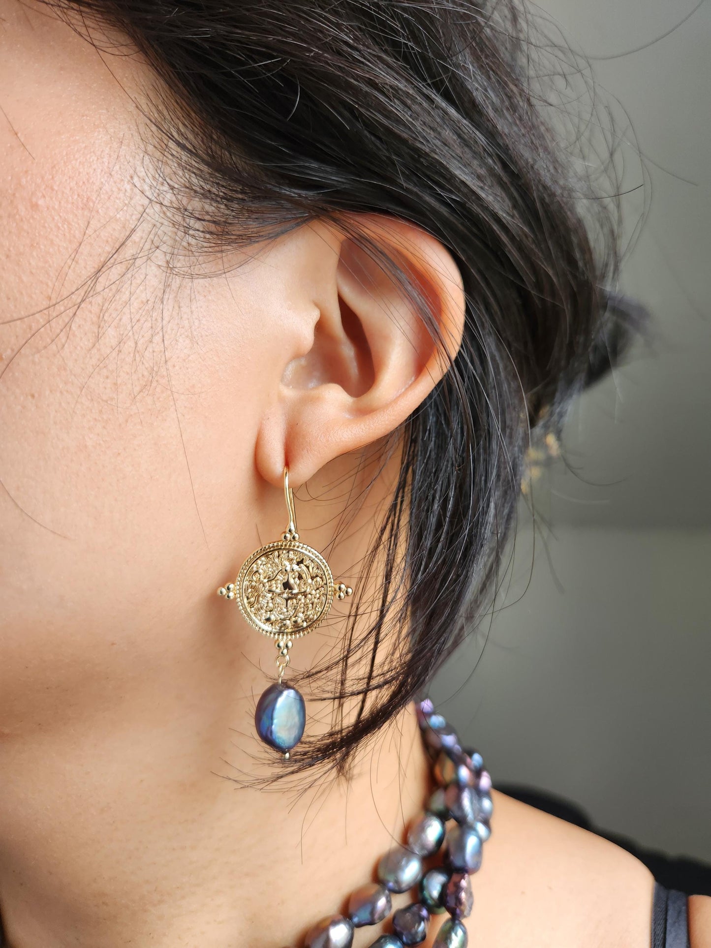 El Dorado Antique Gold Coin and Baroque White / Black Pearl Earrings / Boho Pearl Earrings