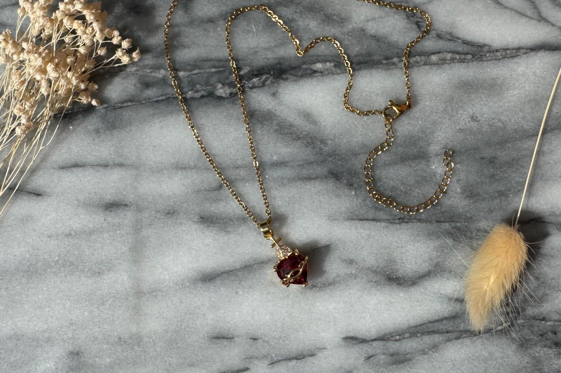 Ruby Red Sacred Heart Necklace in Gold