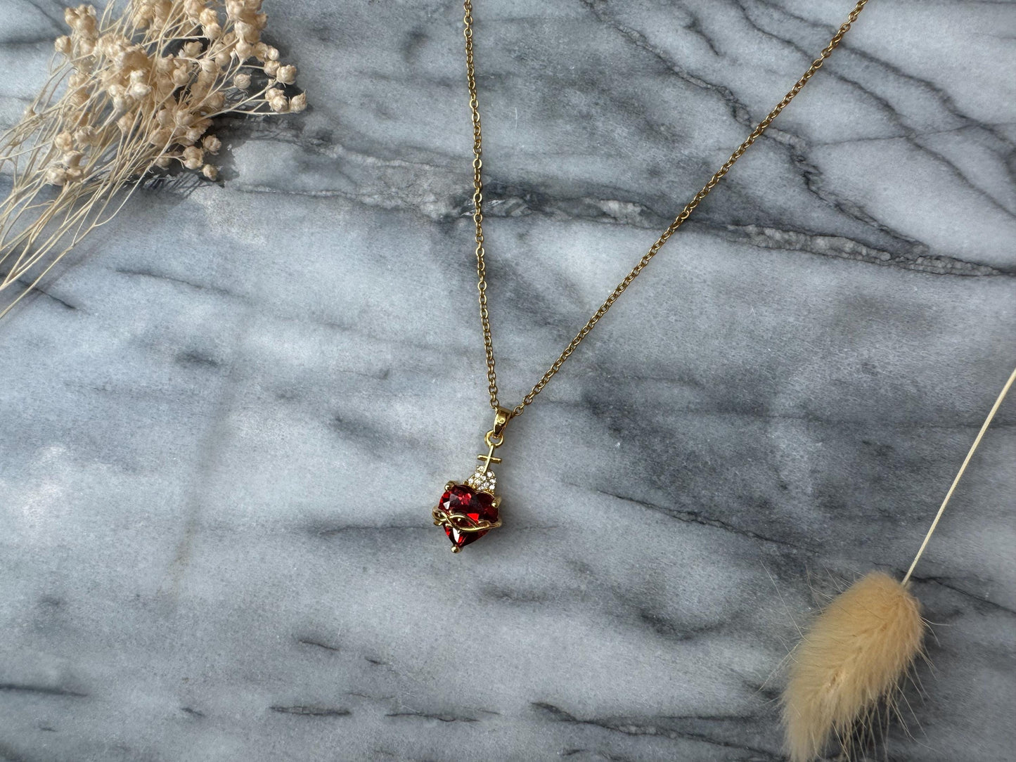 Ruby Red Sacred Heart Necklace in Gold