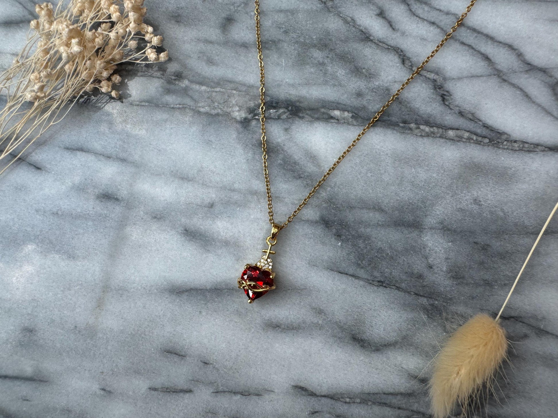 Ruby Red Sacred Heart Necklace in Gold