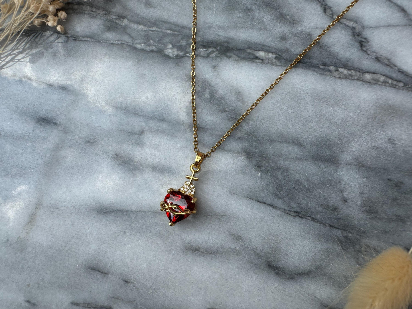 Ruby Red Sacred Heart Necklace in Gold