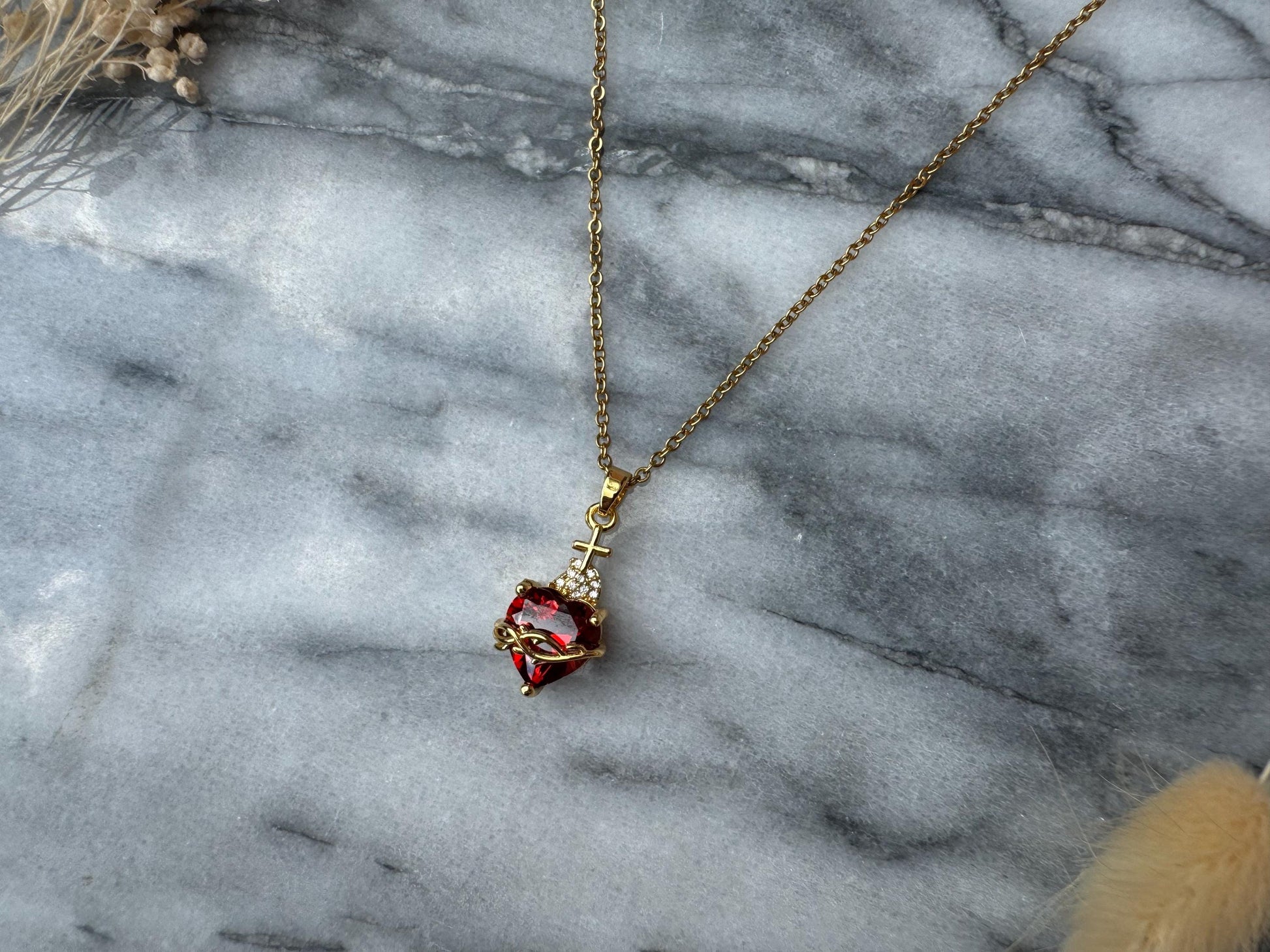 Ruby Red Sacred Heart Necklace in Gold