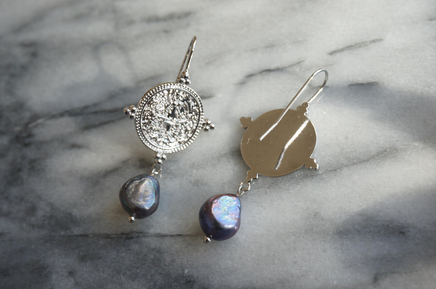 El Dorado Antique Silver Coin and Baroque White / Black Pearl Earrings / Boho Pearl Earrings