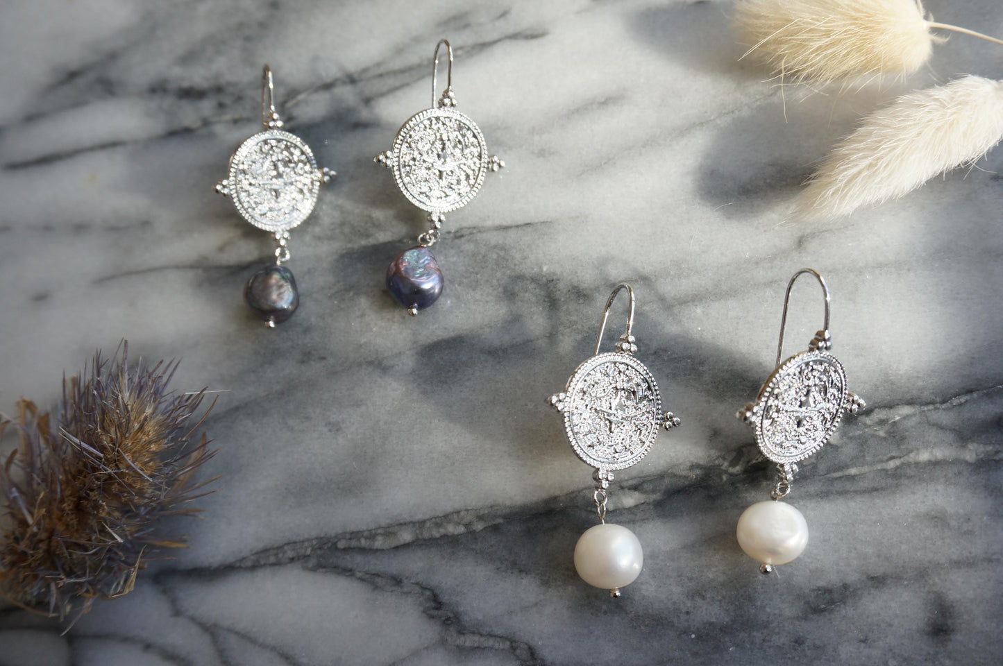 El Dorado Antique Silver Coin and Baroque White / Black Pearl Earrings / Boho Pearl Earrings