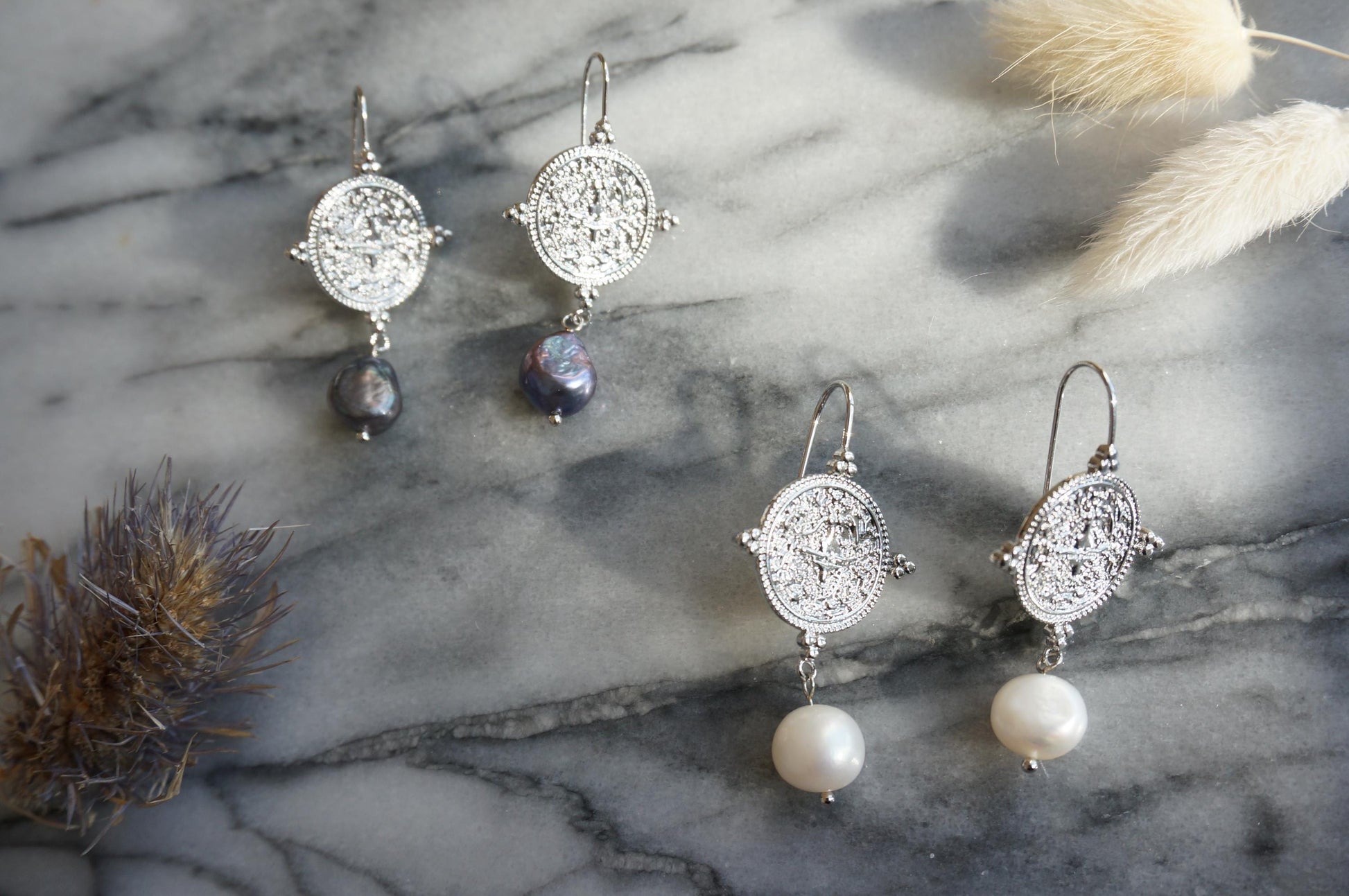 El Dorado Antique Silver Coin and Baroque White / Black Pearl Earrings / Boho Pearl Earrings