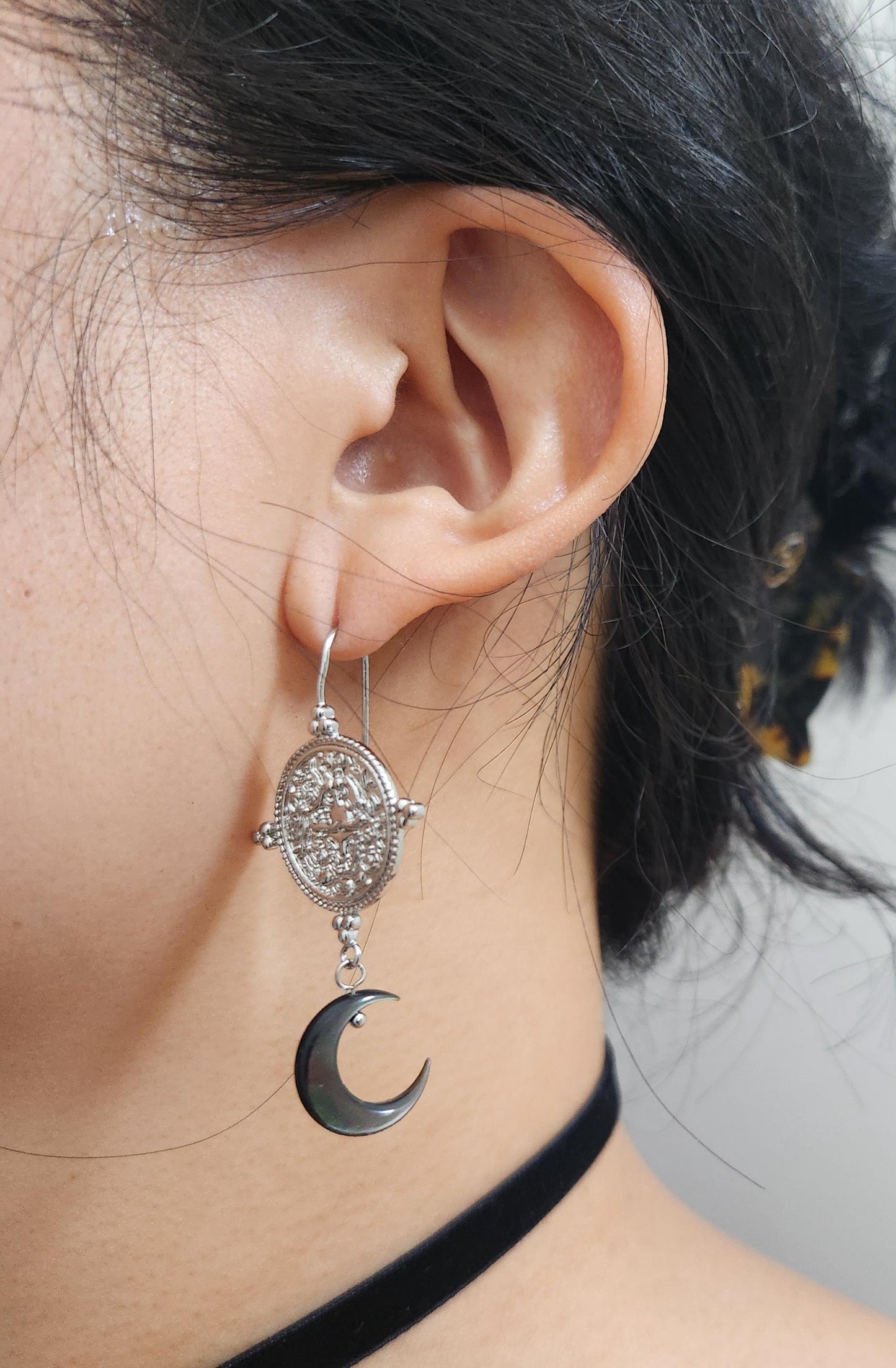 LA LUNA Magic Circle and Mother of Pearl Crescent Moon Earrings / Gold and Silver Earrings