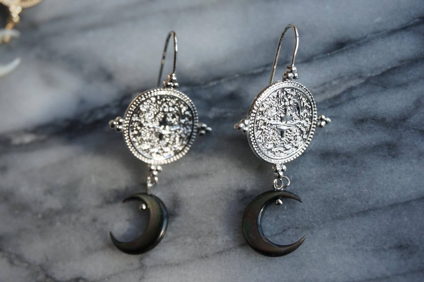 LA LUNA Magic Circle and Mother of Pearl Crescent Moon Earrings / Gold and Silver Earrings