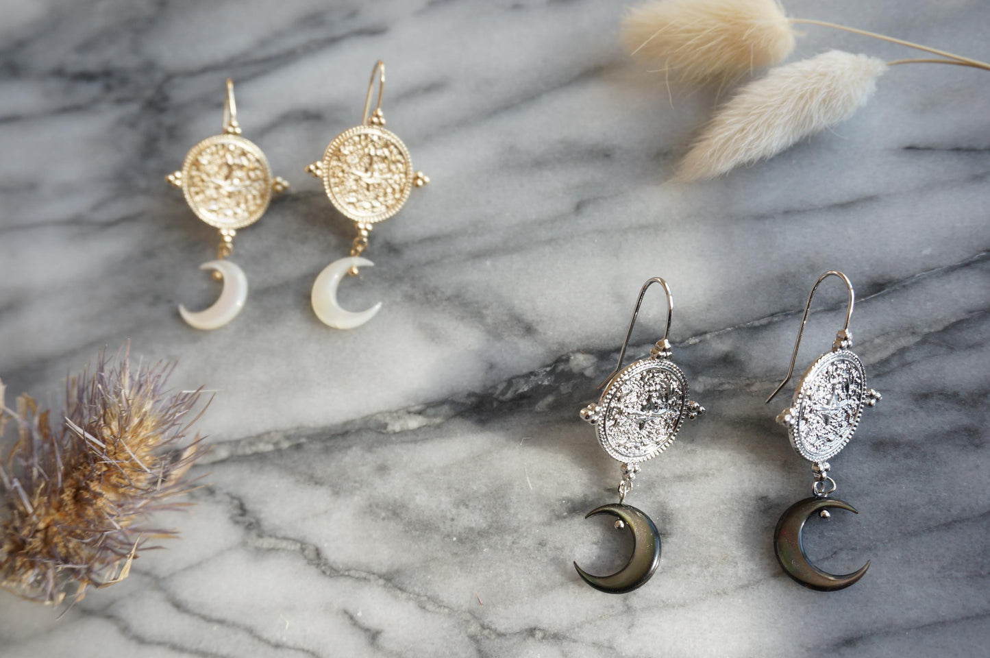 LA LUNA Magic Circle and Mother of Pearl Crescent Moon Earrings / Gold and Silver Earrings