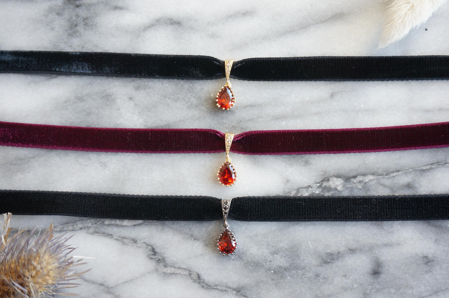 RUBY Deep Red Teardrop and Burgundy/Black Stretch Velvet Choker