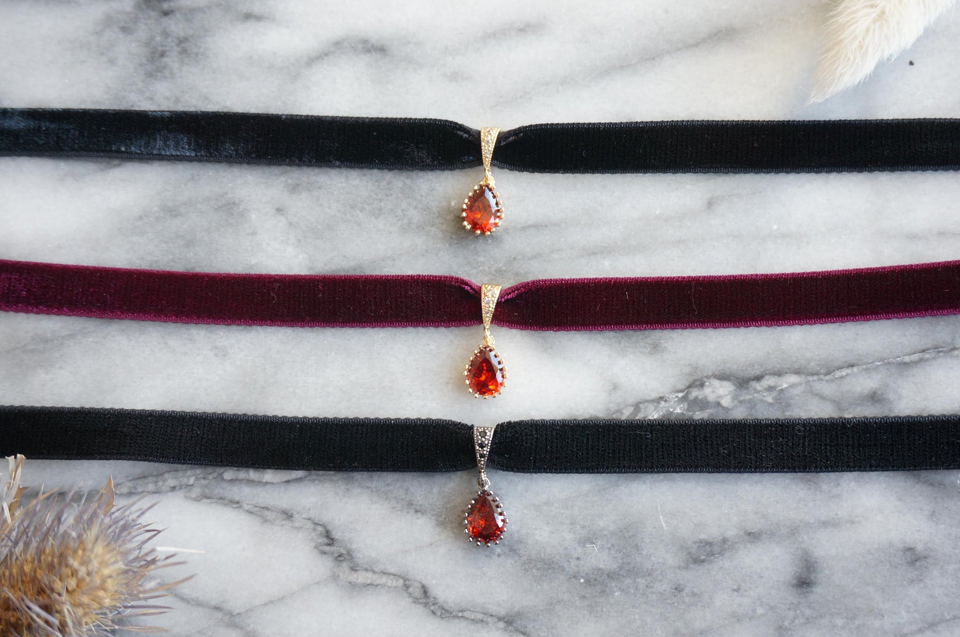 RUBY Deep Red Teardrop and Burgundy/Black Stretch Velvet Choker