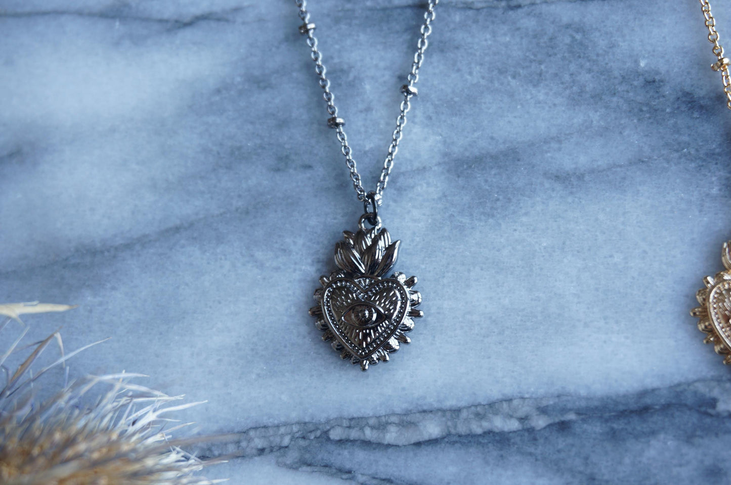 Sacred Heart Evil Eye 18k Gold / Silver / Black Metal Plated Necklace