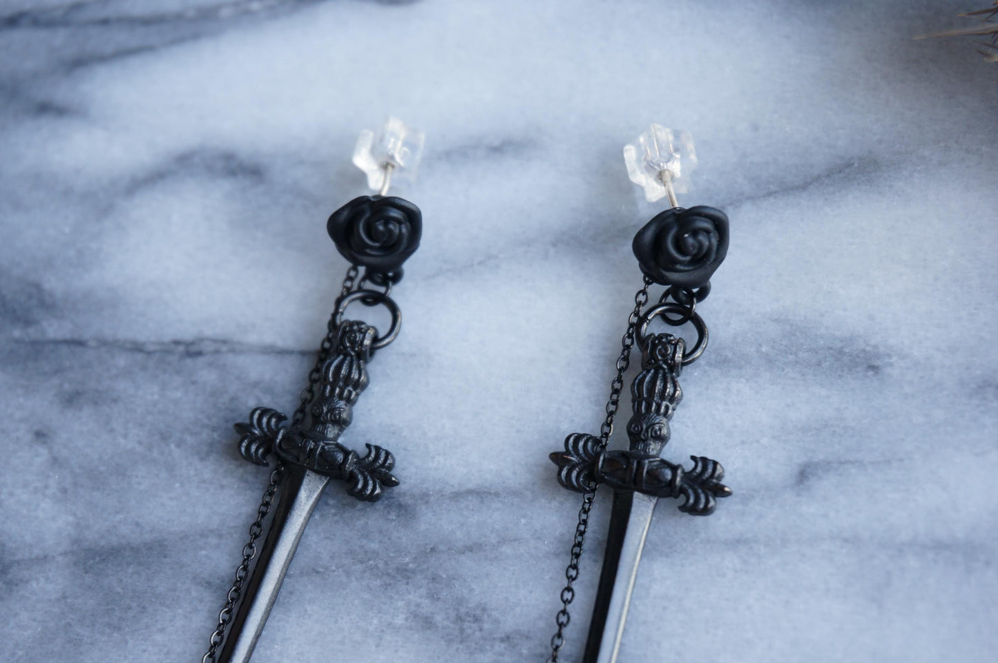 ROMEO Black Rose, Dagger and Blood Drop Earrings