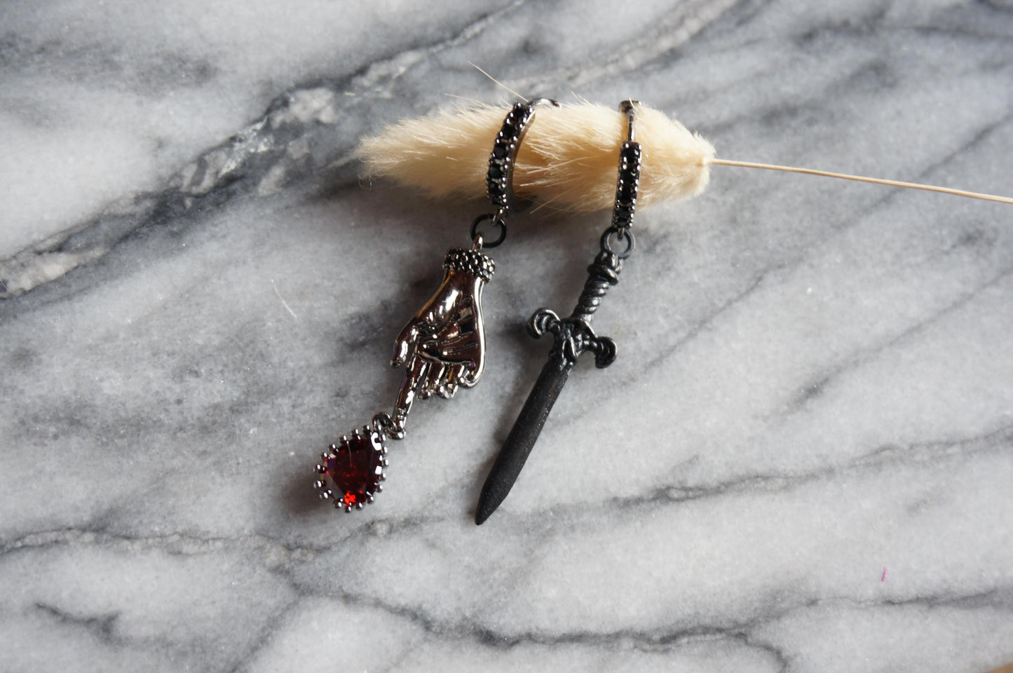 LADY MACBETH Gold / Silver / Black Sword, Hand and Blooddrop Earrings / Hoops