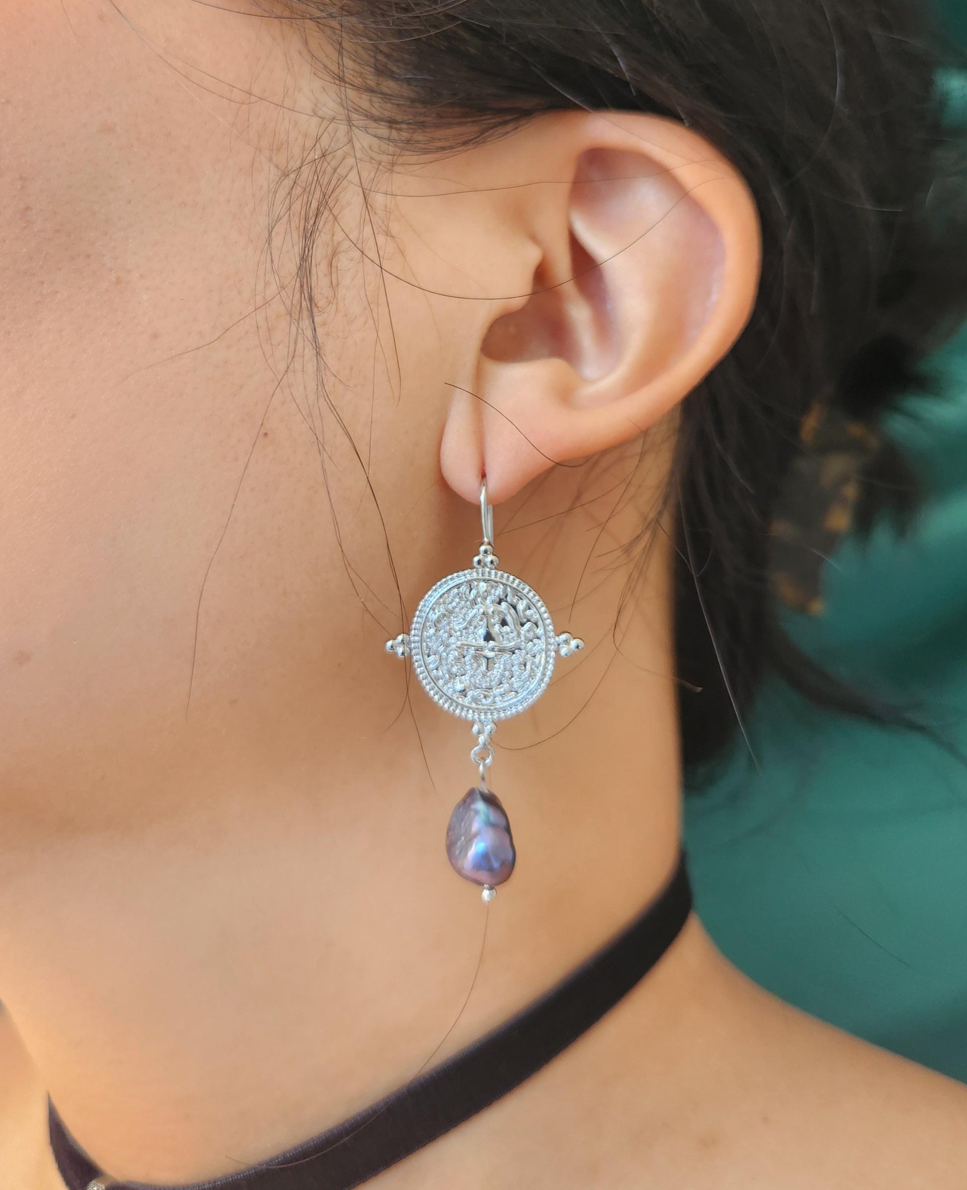 El Dorado Antique Silver Coin and Baroque White / Black Pearl Earrings / Boho Pearl Earrings