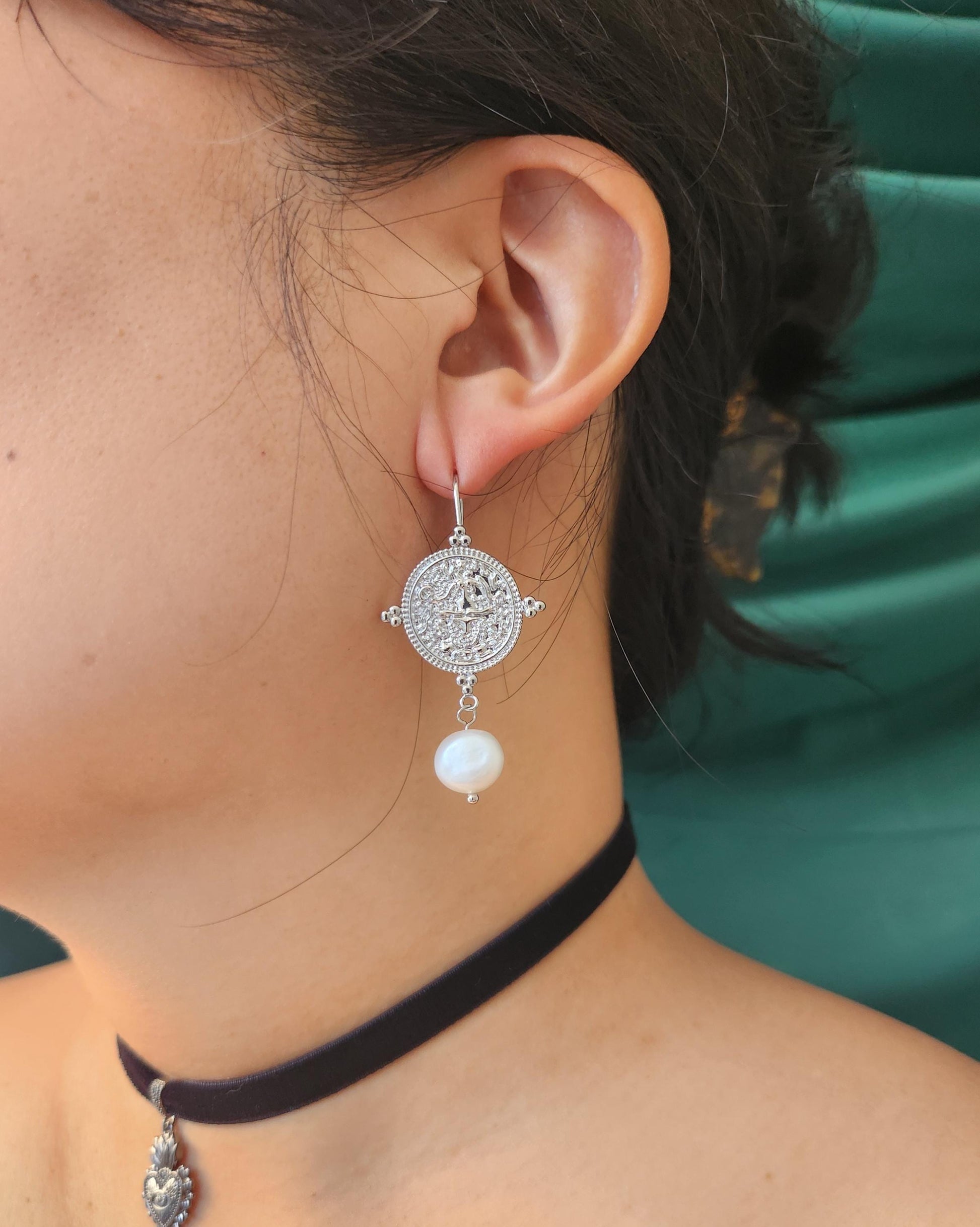 El Dorado Antique Silver Coin and Baroque White / Black Pearl Earrings / Boho Pearl Earrings